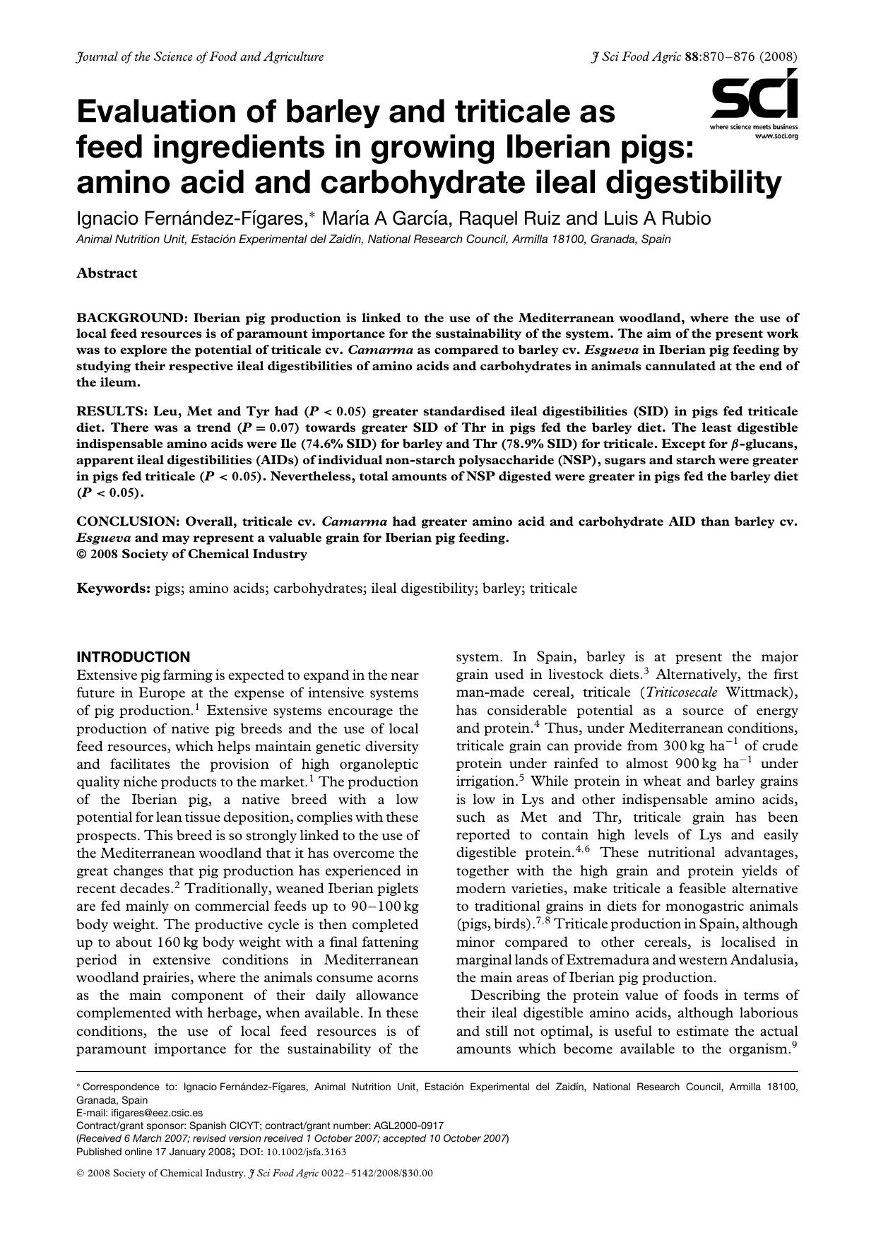Evaluation of barley and triticale as feed ingredients in growing Iberian pigs: amino acid and carbohydrate ileal digestibility by Unknown