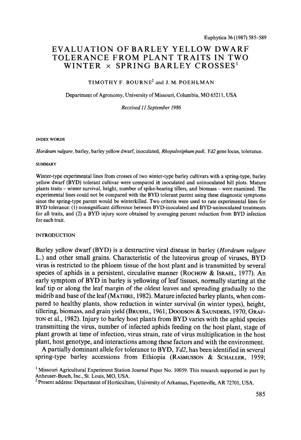 Evaluation of barley yellow dwarf tolerance from plant traits in two winter × spring barley crosses by Unknown