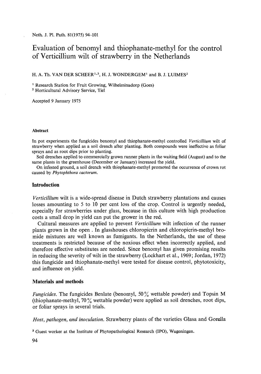 Evaluation of benomyl and thiophanate-methyl for the control of Verticillium wilt of strawberry in the Netherlands by Unknown