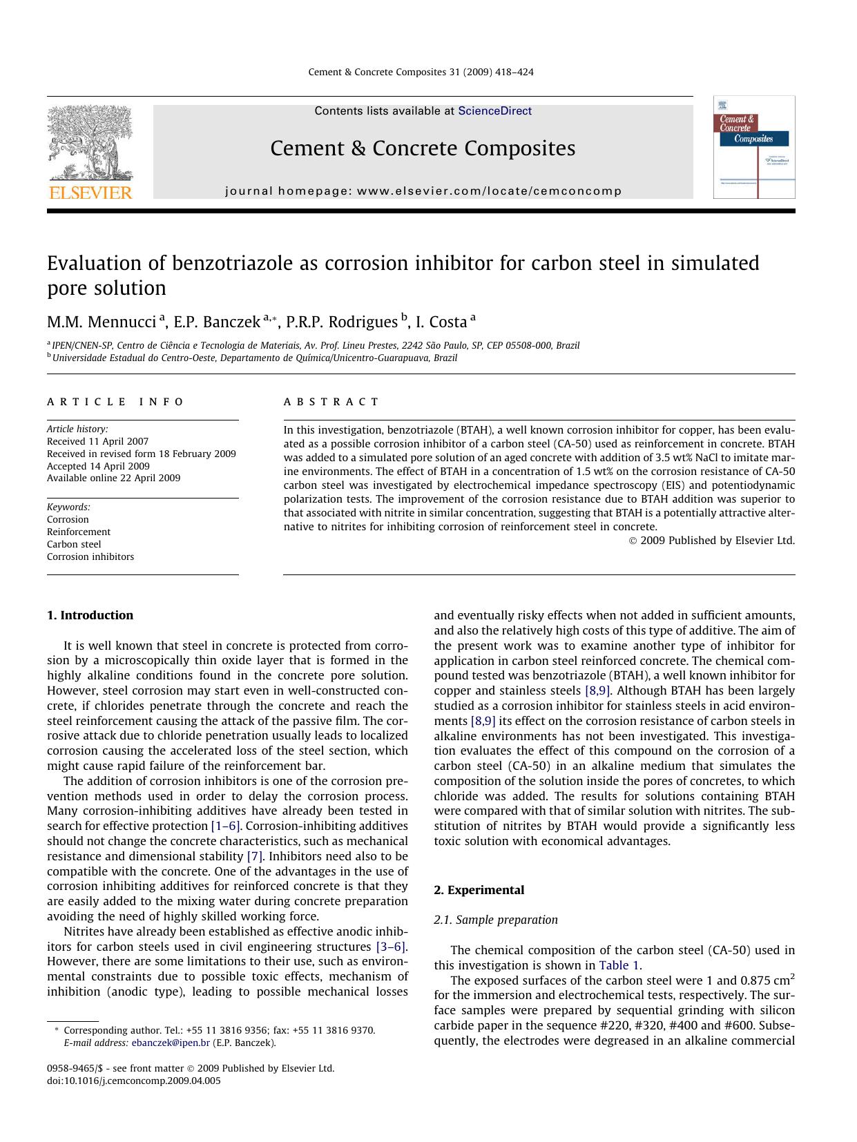 Evaluation of benzotriazole as corrosion inhibitor for carbon steel in simulated pore solution by M.M. Mennucci; E.P. Banczek; P.R.P. Rodrigues; I. Costa