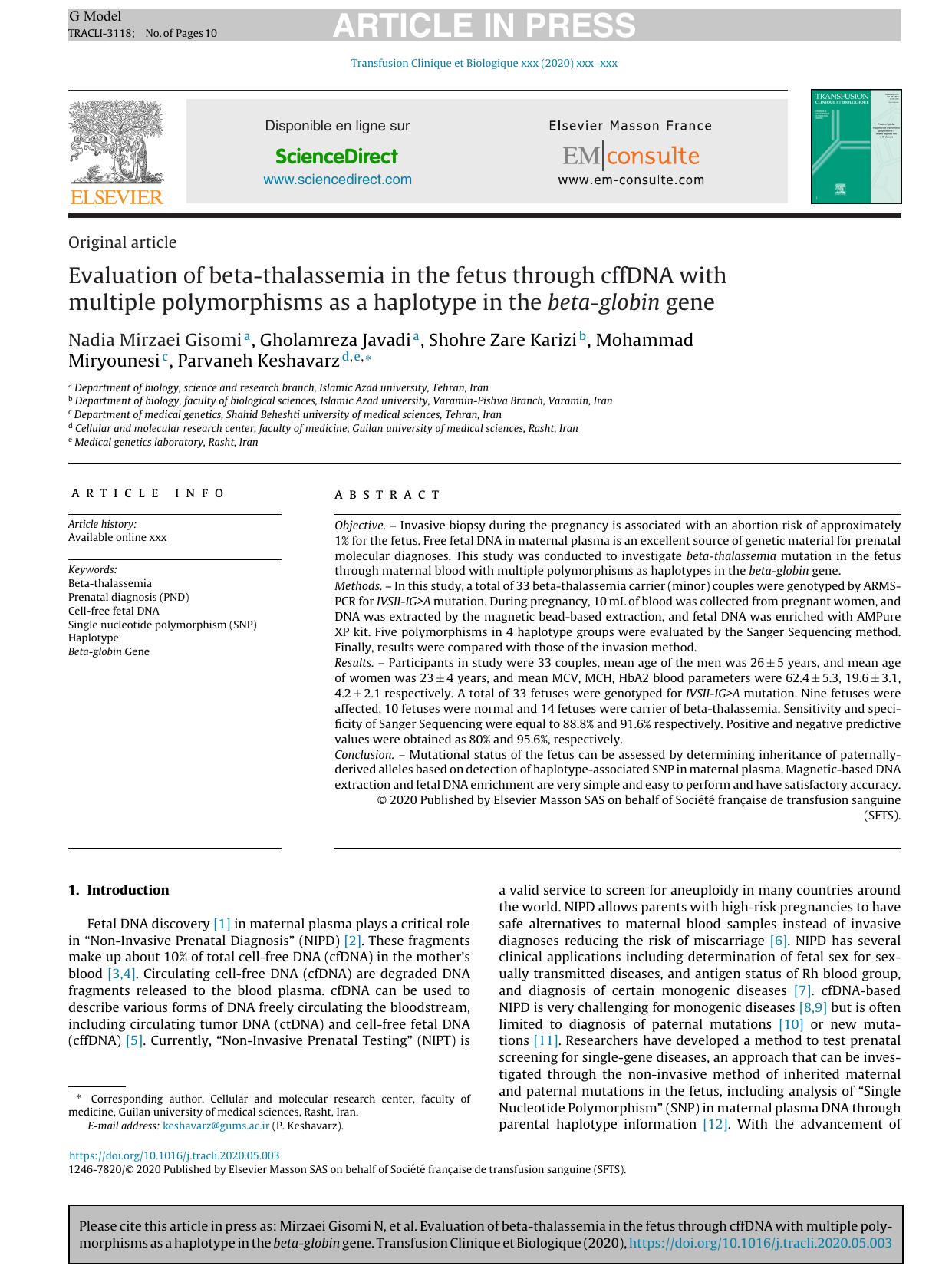 Evaluation of beta-thalassemia in the fetus through cffDNA with multiple polymorphisms as a haplotype in the beta-globin gene by unknow