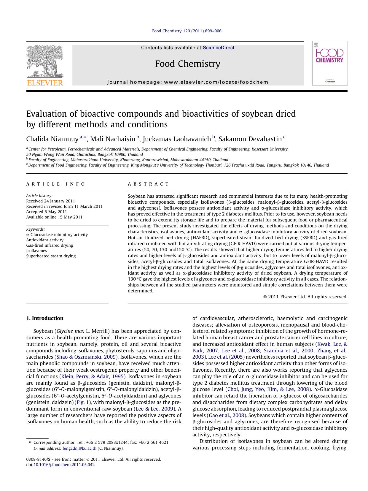 Evaluation of bioactive compounds and bioactivities of soybean dried by different methods and conditions by Chalida Niamnuy & Mali Nachaisin & Juckamas Laohavanich & Sakamon Devahastin