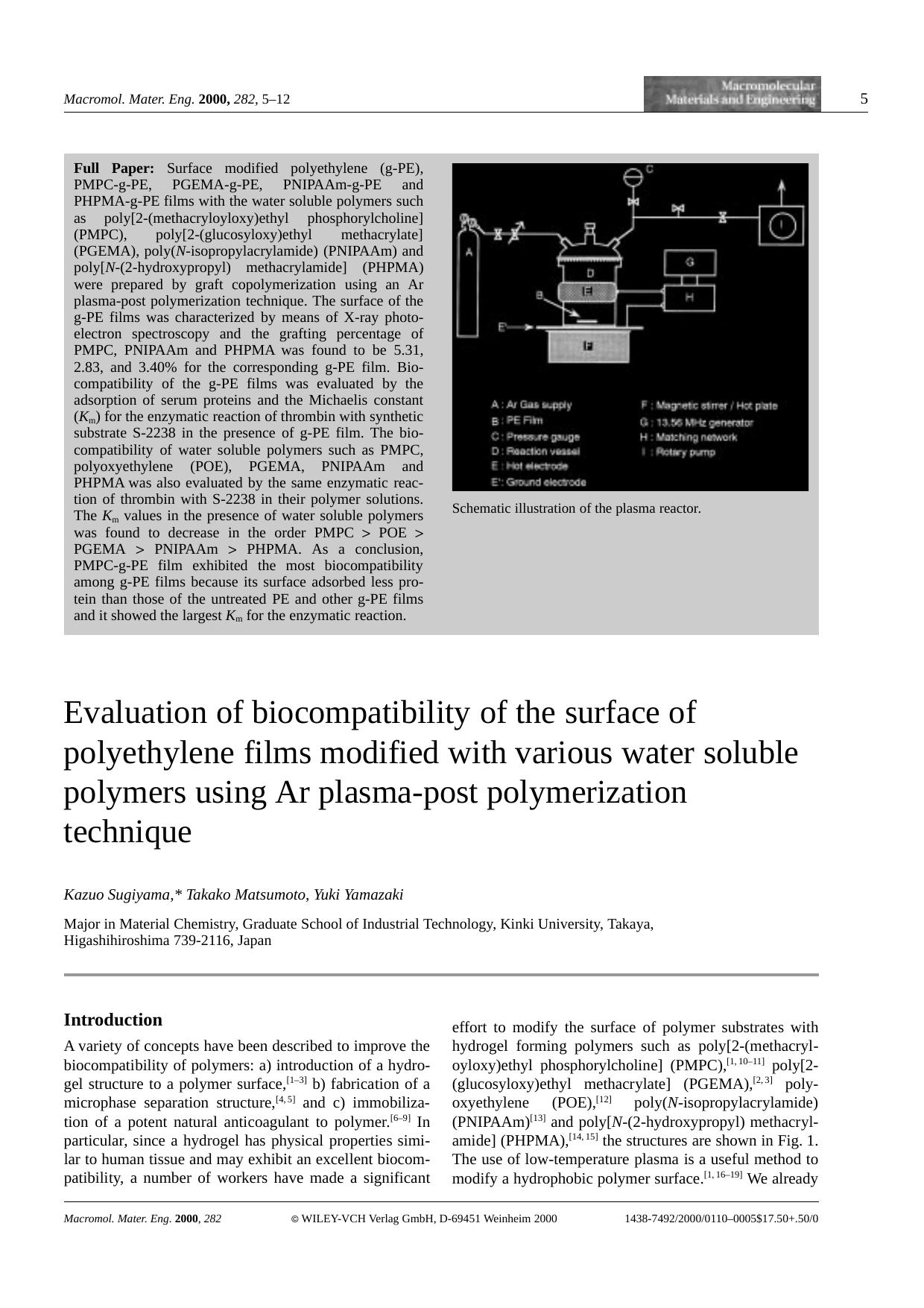 Evaluation of biocompatibility of the surface of polyethylene films modified with various water soluble polymers using Ar plasma-post polymerization technique by Unknown