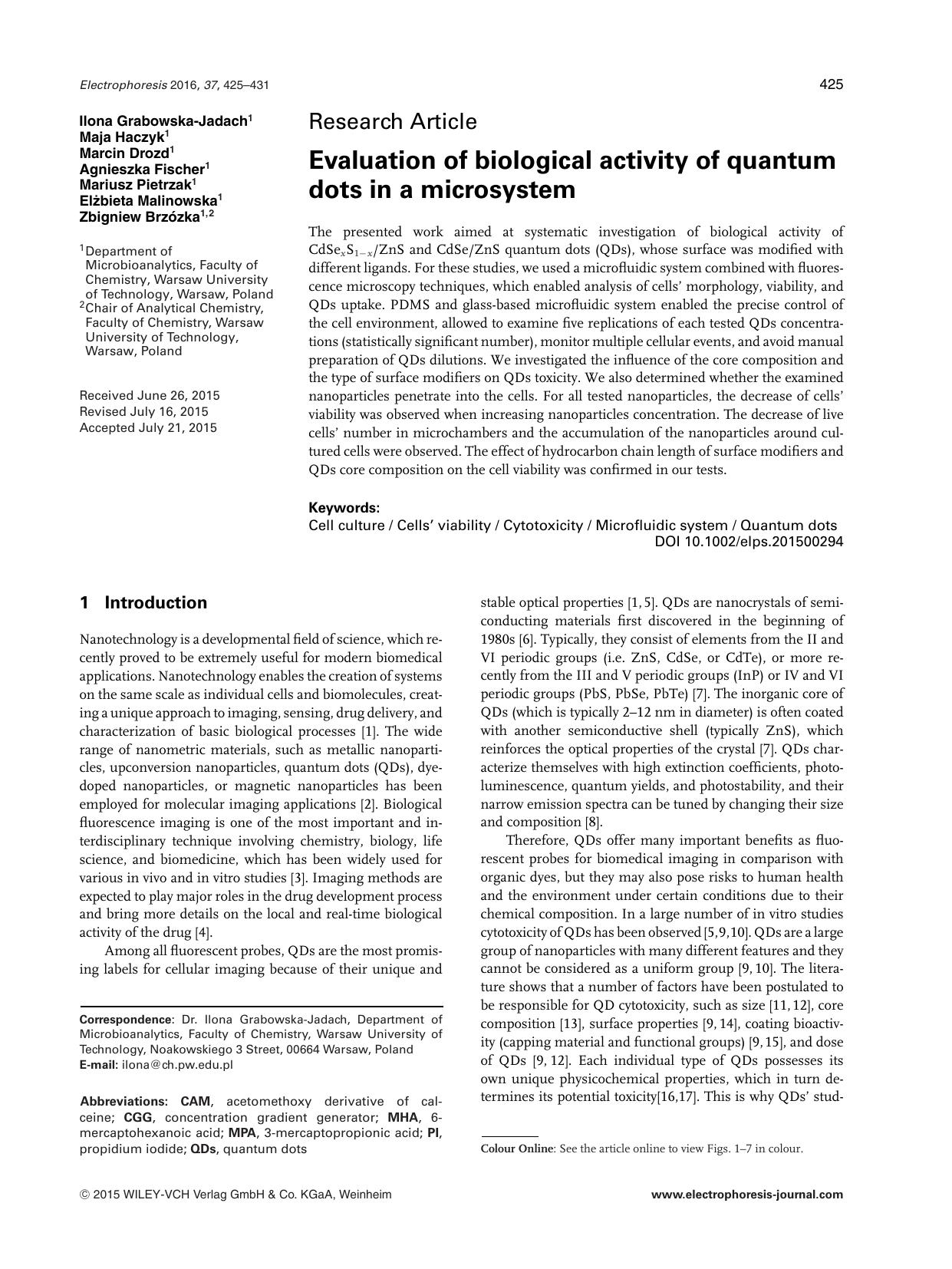 Evaluation of biological activity of quantum dots in a microsystem by Unknown