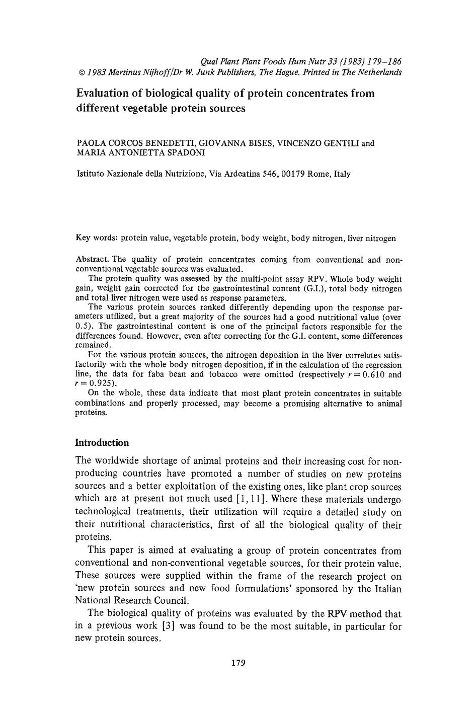 Evaluation of biological quality of protein concentrates from different vegetable protein sources by Unknown