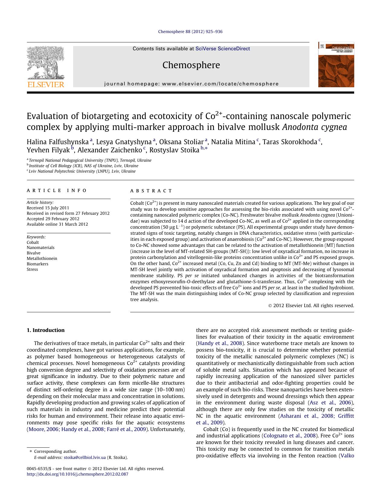 Evaluation of biotargeting and ecotoxicity of Co2+-containing nanoscale polymeric complex by applying multi-marker approach in bivalve mollusk Anodonta cygnea by unknow