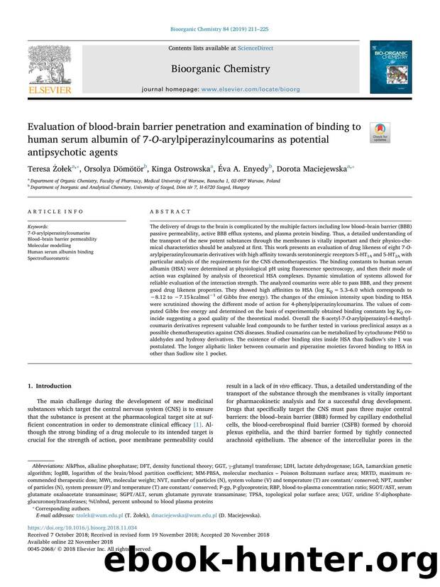 Evaluation of blood-brain barrier penetration and examination of binding to human serum albumin of 7-O-arylpiperazinylcoumarins as potential antipsychotic agents by Teresa Żołek & Orsolya Dömötör & Kinga Ostrowska & Éva A. Enyedy & Dorota Maciejewska