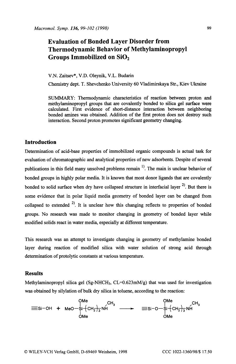 Evaluation of bonded layer disorder from thermodynamic behavior of methylaminopropyl groups immobilized on sio2 by Unknown