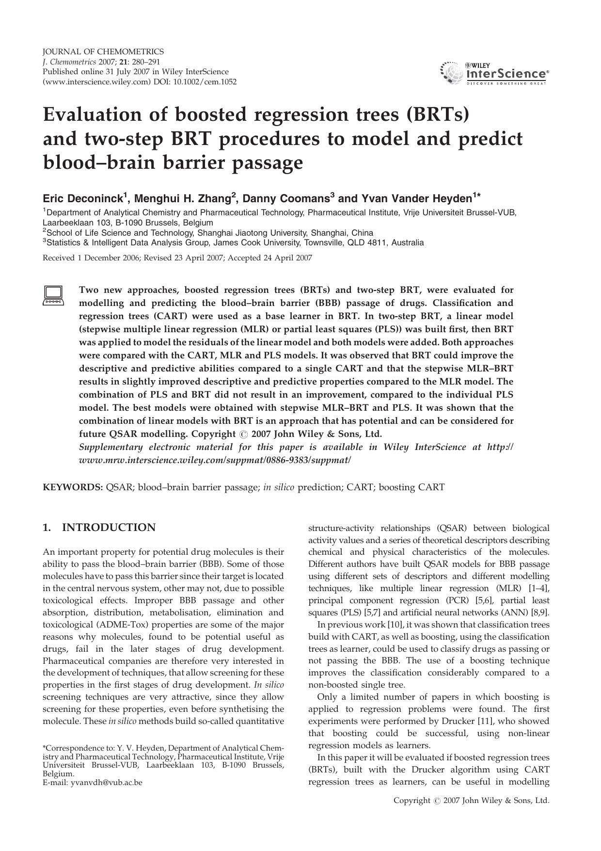 Evaluation of boosted regression trees (BRTs) and two-step BRT procedures to model and predict blood-brain barrier passage by Unknown