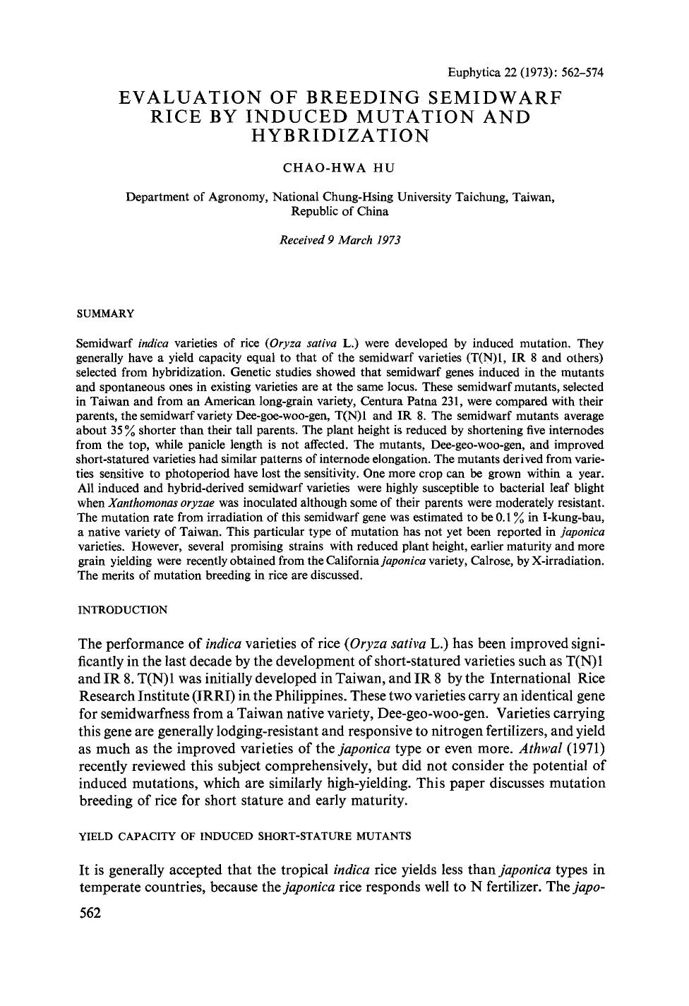 Evaluation of breeding semidwarf rice by induced mutation and hybridization by Unknown
