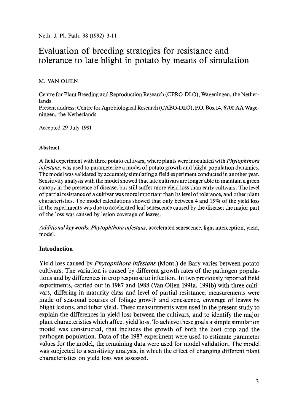 Evaluation of breeding strategies for resistance and tolerance to late blight in potato by means of simulation by Unknown