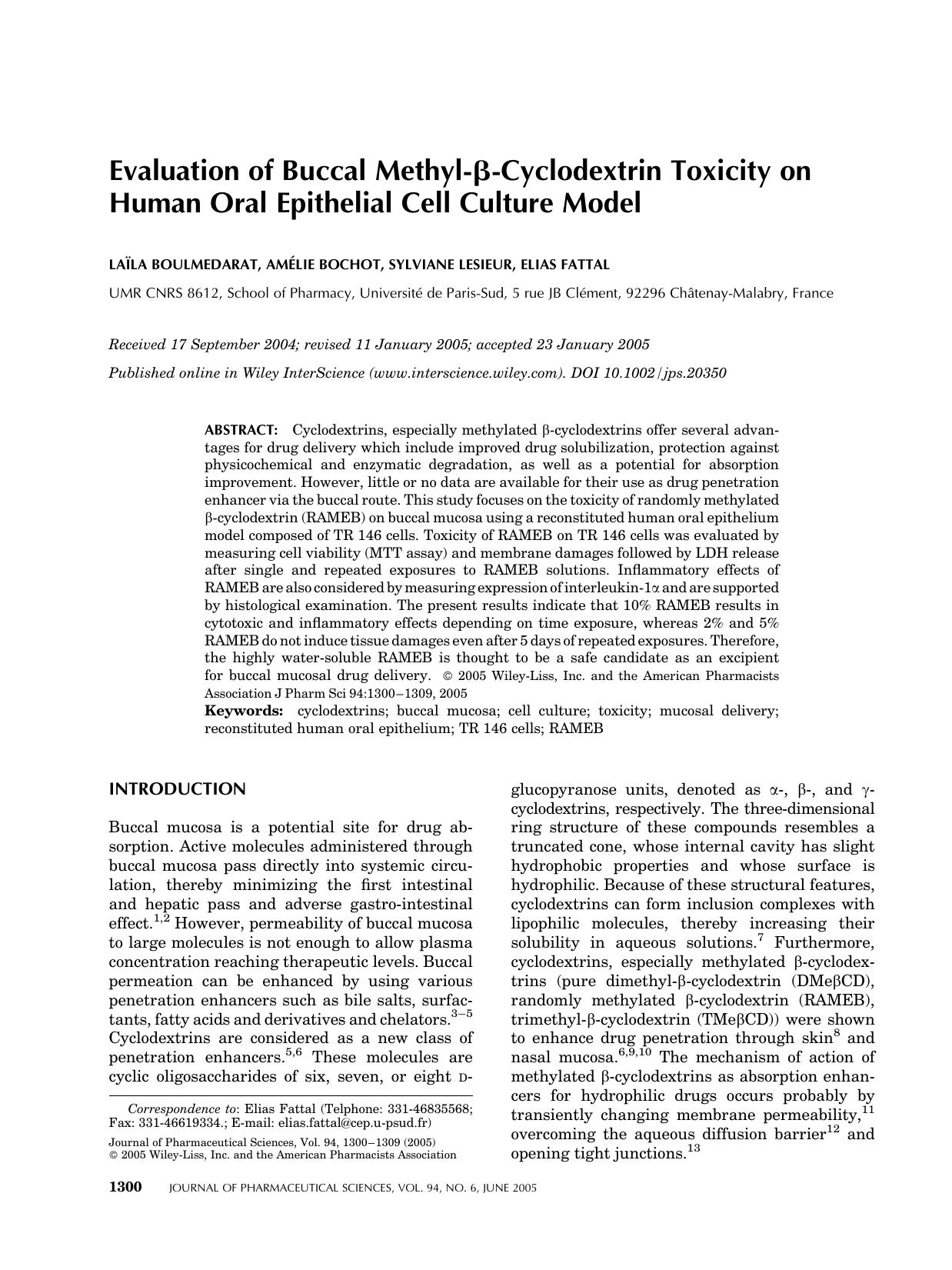 Evaluation of buccal methyl-[beta]-cyclodextrin toxicity on human oral epithelial cell culture model by Unknown