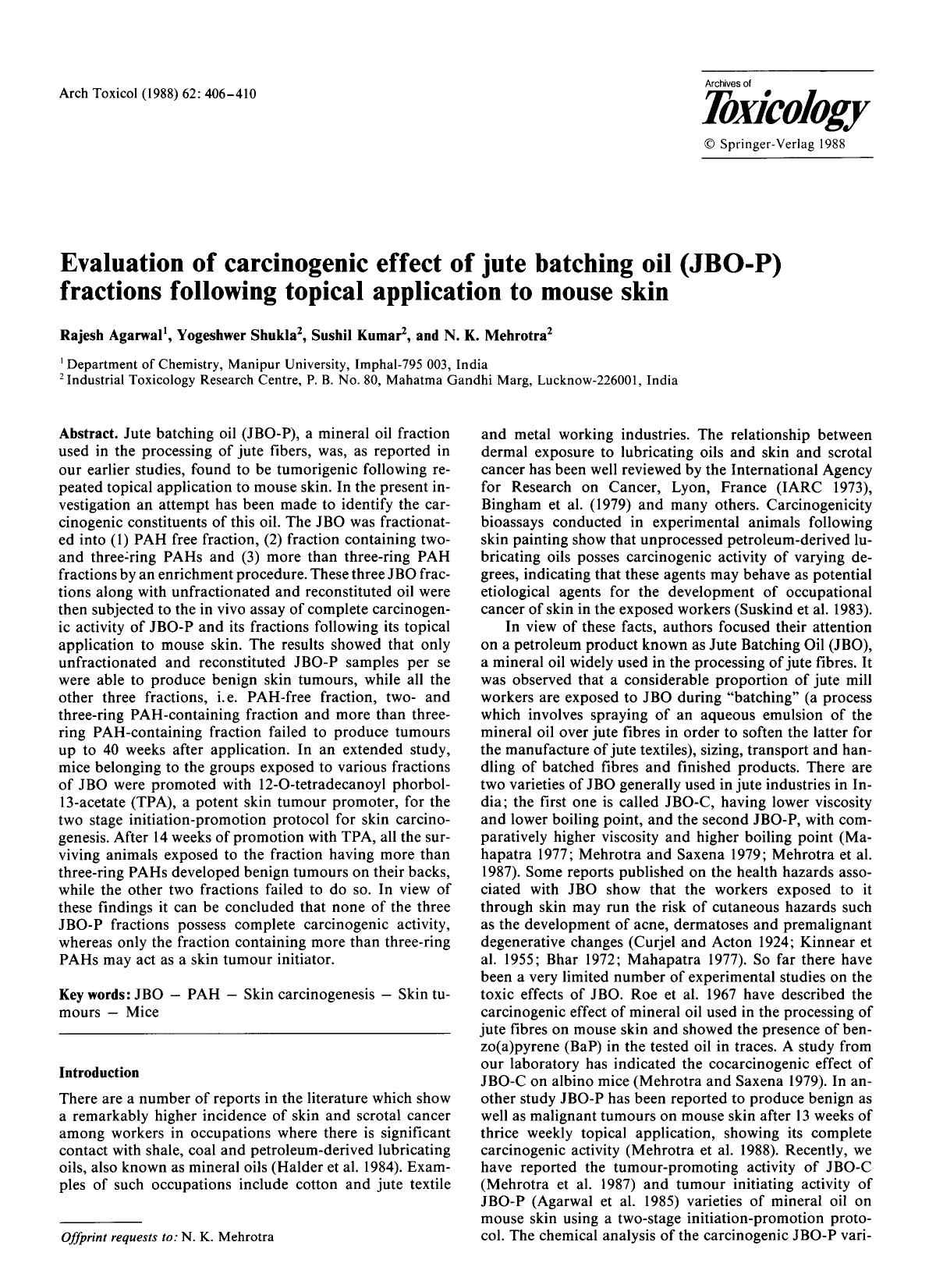 Evaluation of carcinogenic effect of jute batching oil (JBO-P) fractions following topical application to mouse skin by Unknown