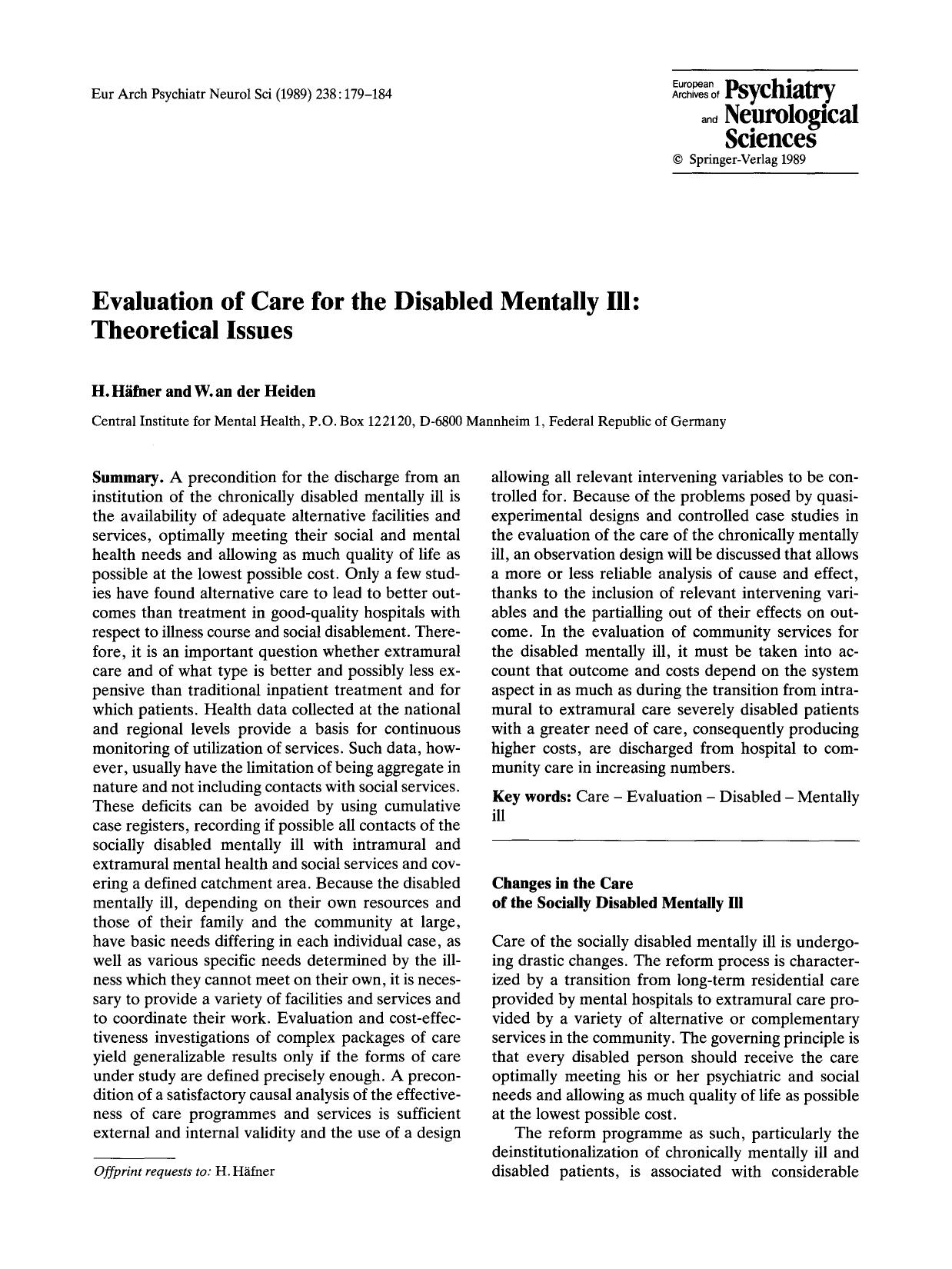 Evaluation of care for the disabled mentally ill: Theoretical issues by Unknown