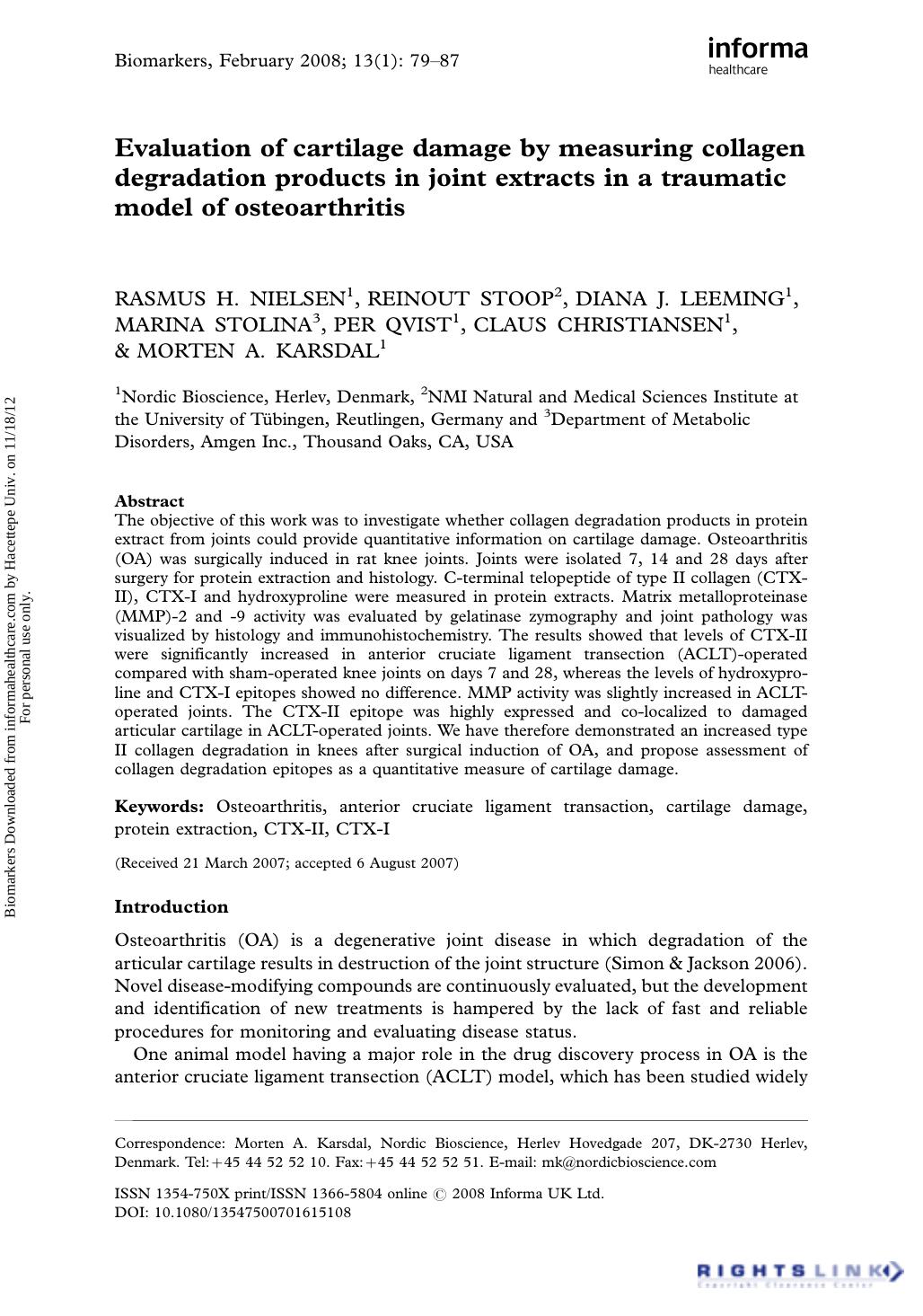 Evaluation of cartilage damage by measuring collagen degradation products in joint extracts in a traumatic model of osteoarthritis by unknow