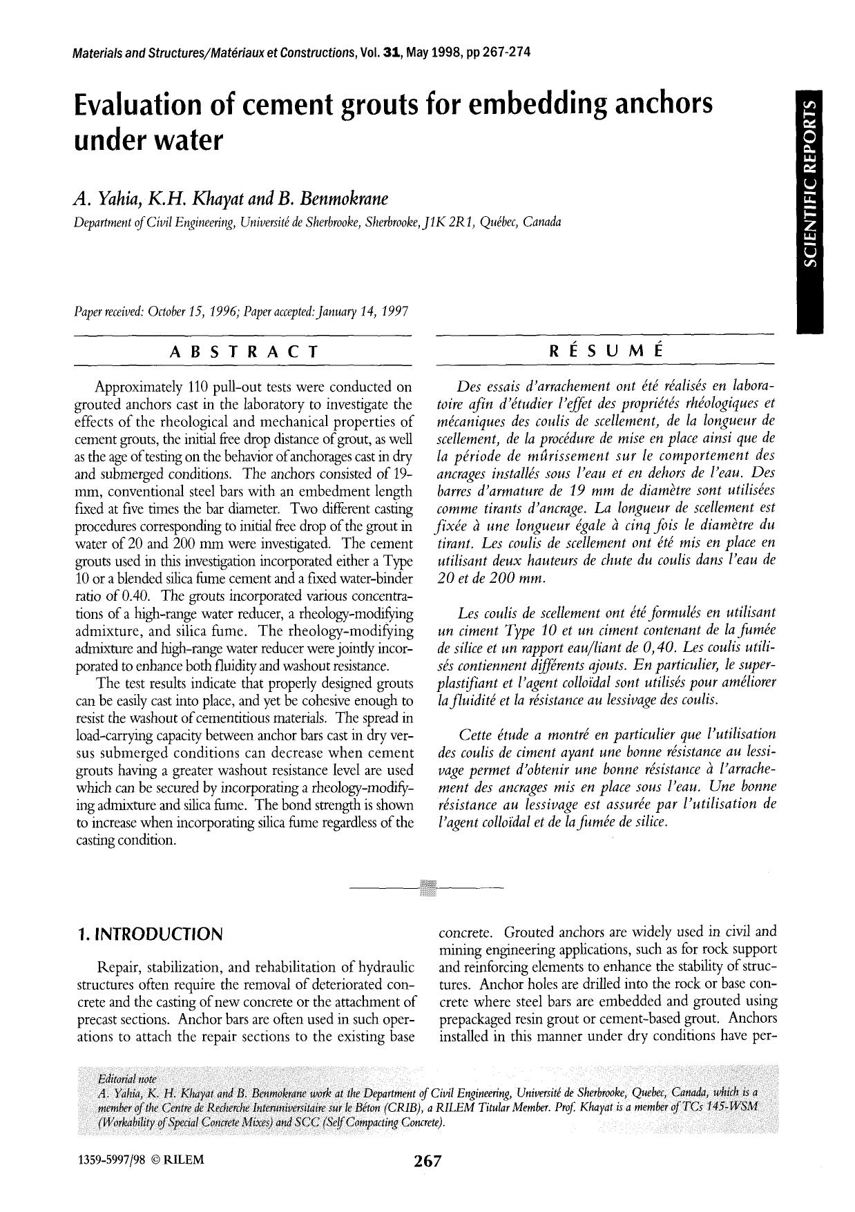 Evaluation of cement grouts for embedding anchors under water by Unknown