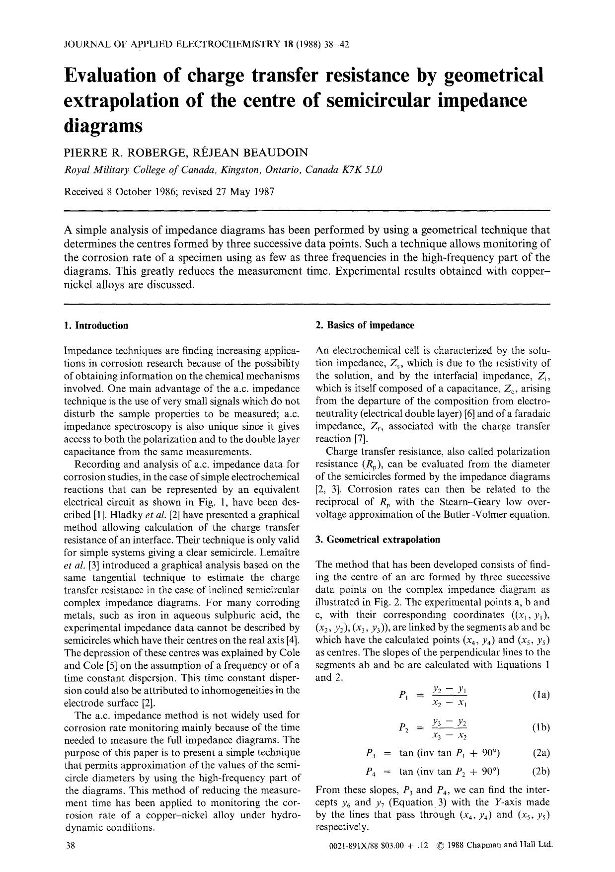 Evaluation of charge transfer resistance by geometrical extrapolation of the centre of semicircular impedance diagrams by Unknown