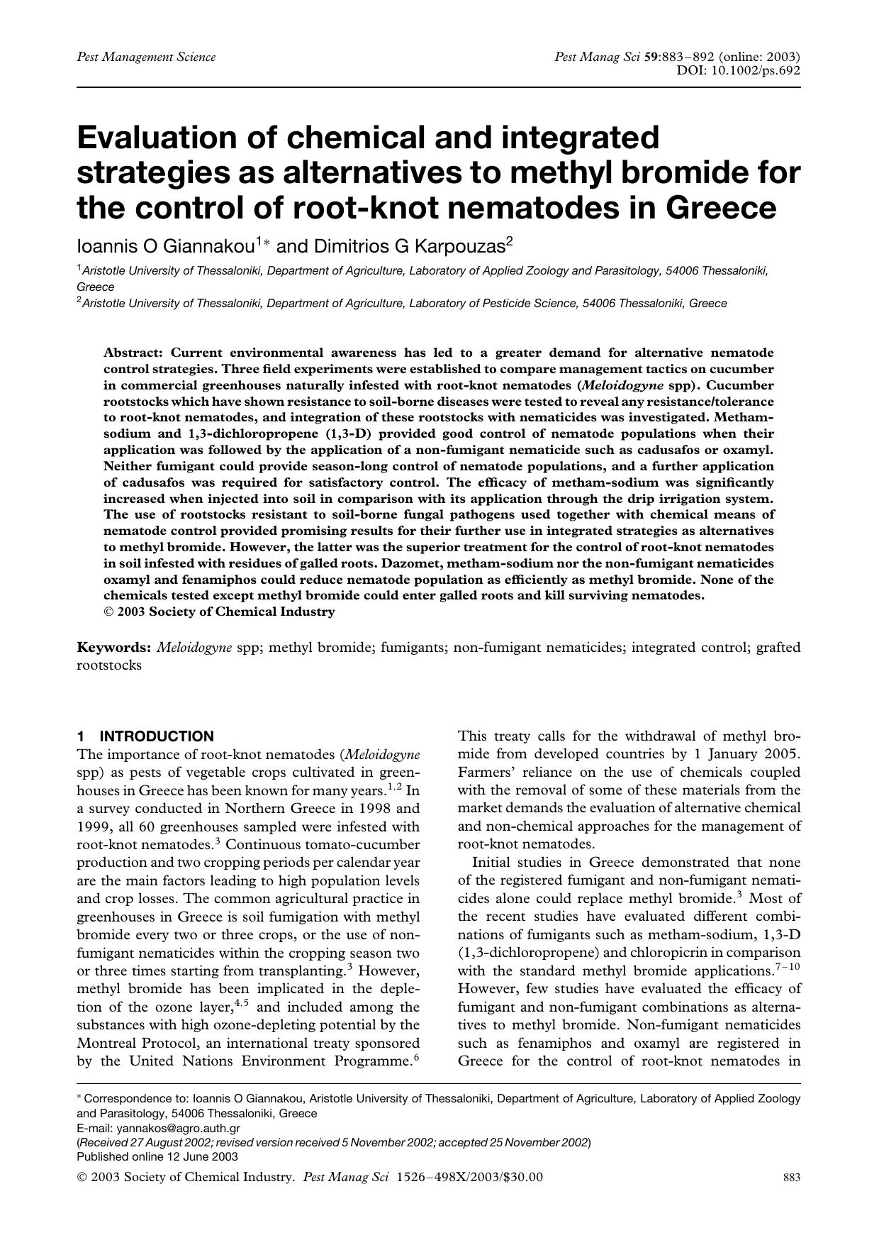 Evaluation of chemical and integrated strategies as alternatives to methyl bromide for the control of root-knot nematodes in Greece by Unknown