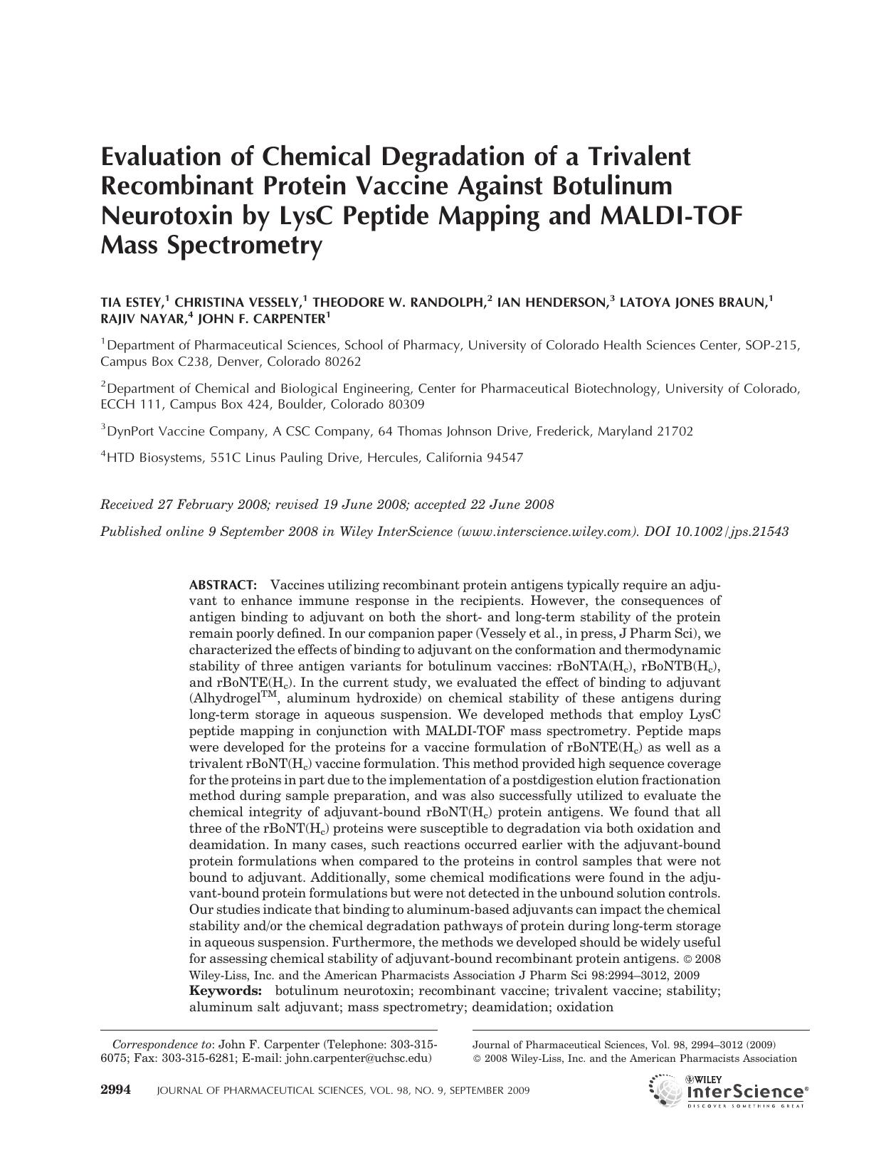 Evaluation of chemical degradation of a trivalent recombinant protein vaccine against botulinum neurotoxin by LysC peptide mapping and MALDI-TOF mass spectrometry by Unknown