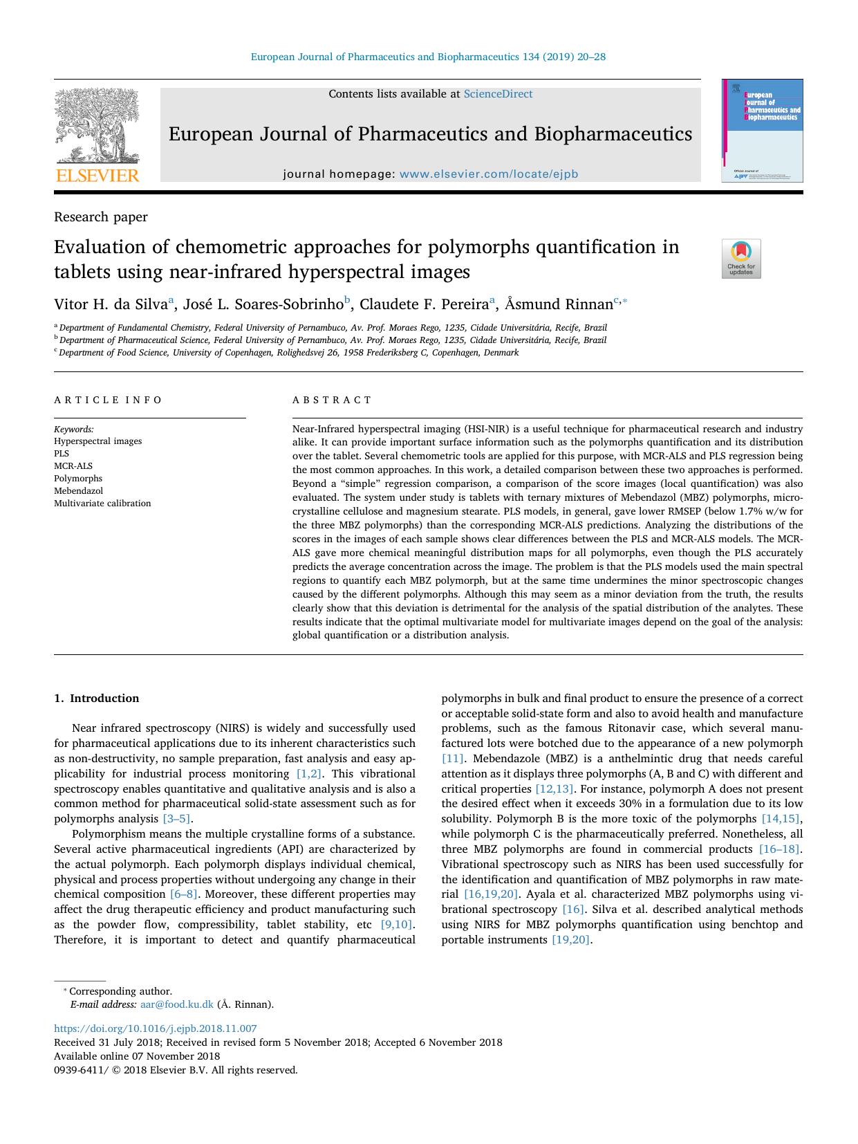 Evaluation of chemometric approaches for polymorphs quantification in tablets using near-infrared hyperspectral images by Vitor H. da Silva & José L. Soares-Sobrinho & Claudete F. Pereira & Åsmund Rinnan