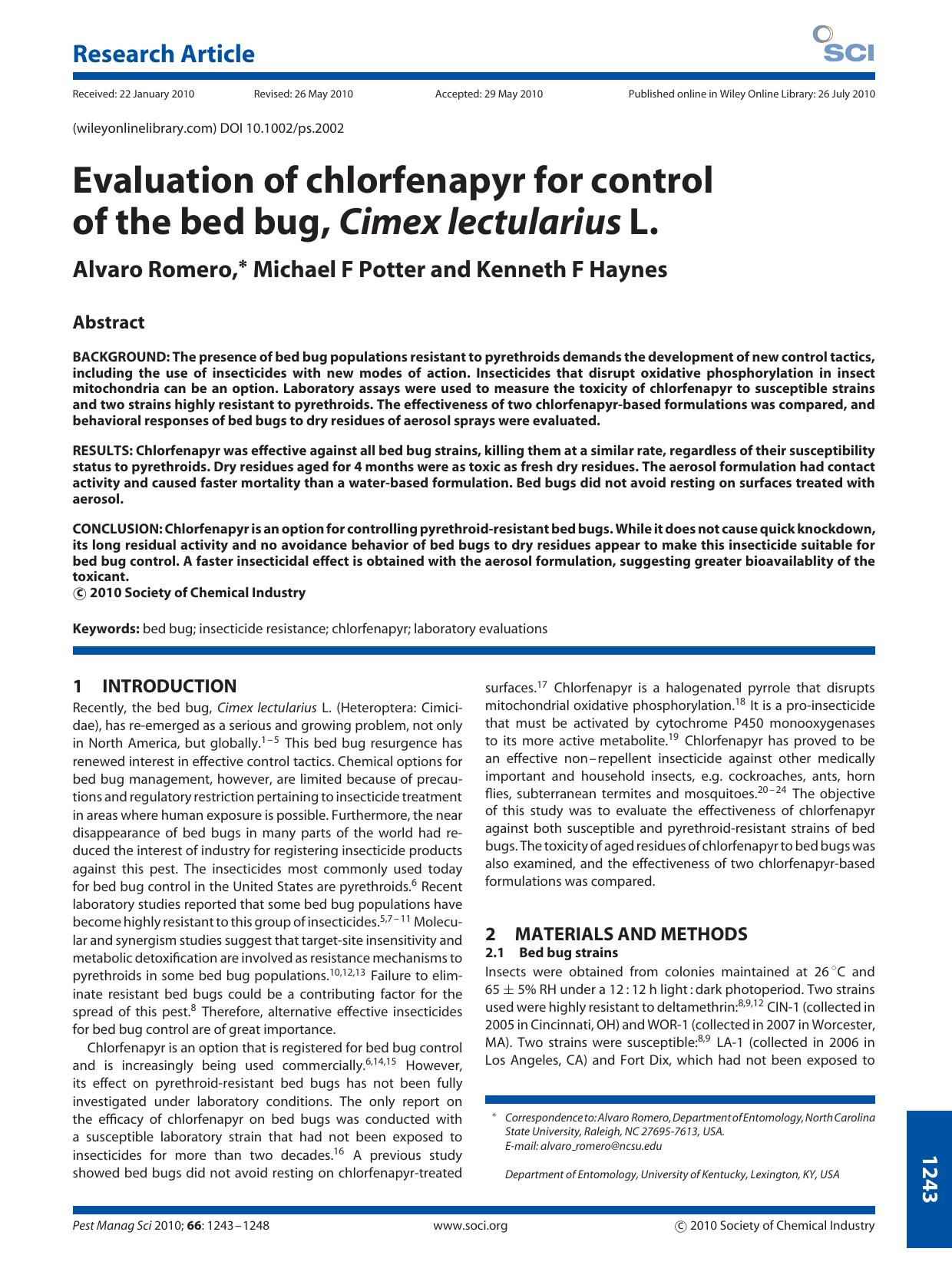 Evaluation of chlorfenapyr for control of the bed bug, Cimex lectularius L. by Unknown