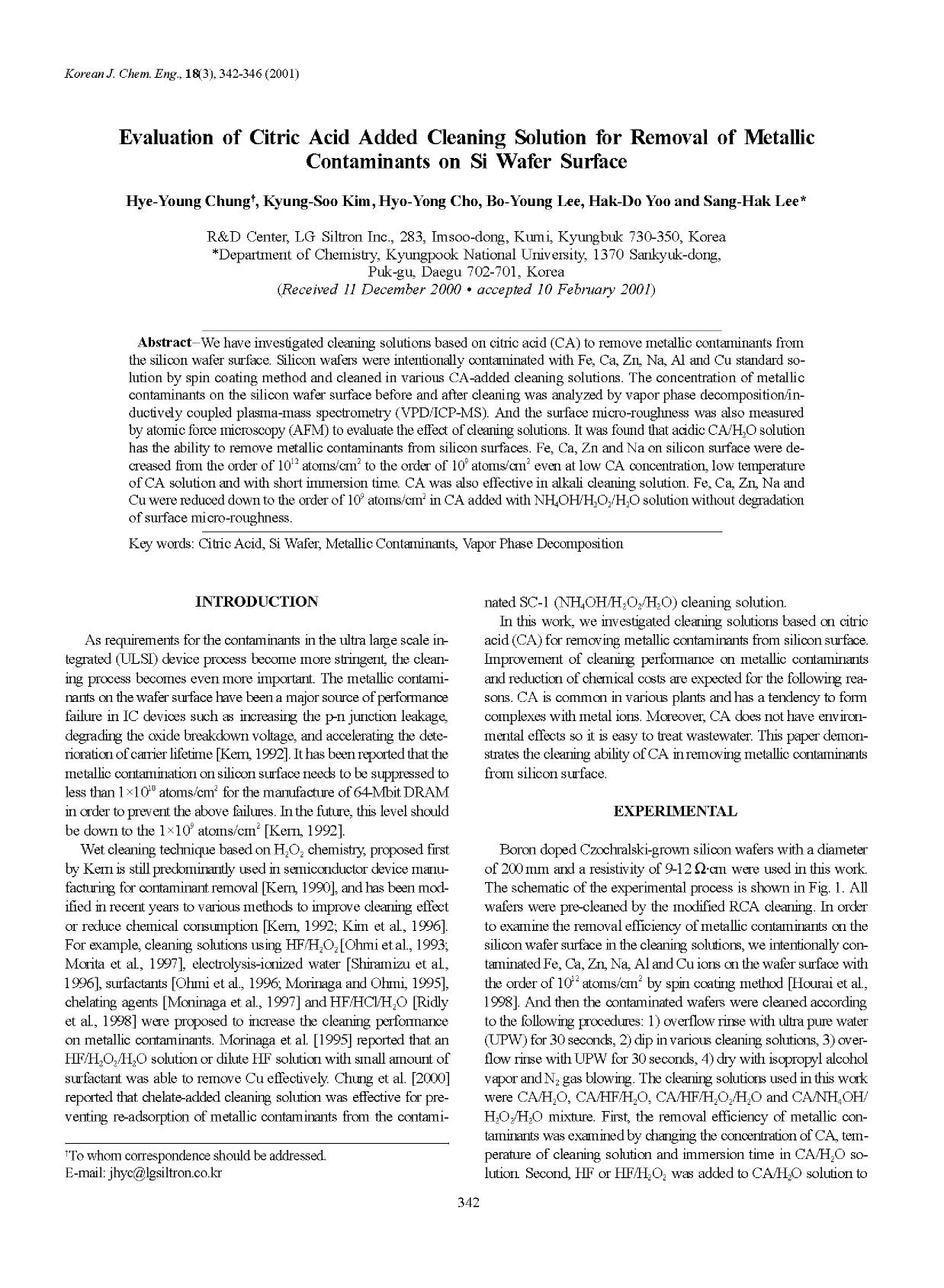 Evaluation of citric acid added cleaning solution for removal of metallic contaminants on Si wafer surface by Unknown