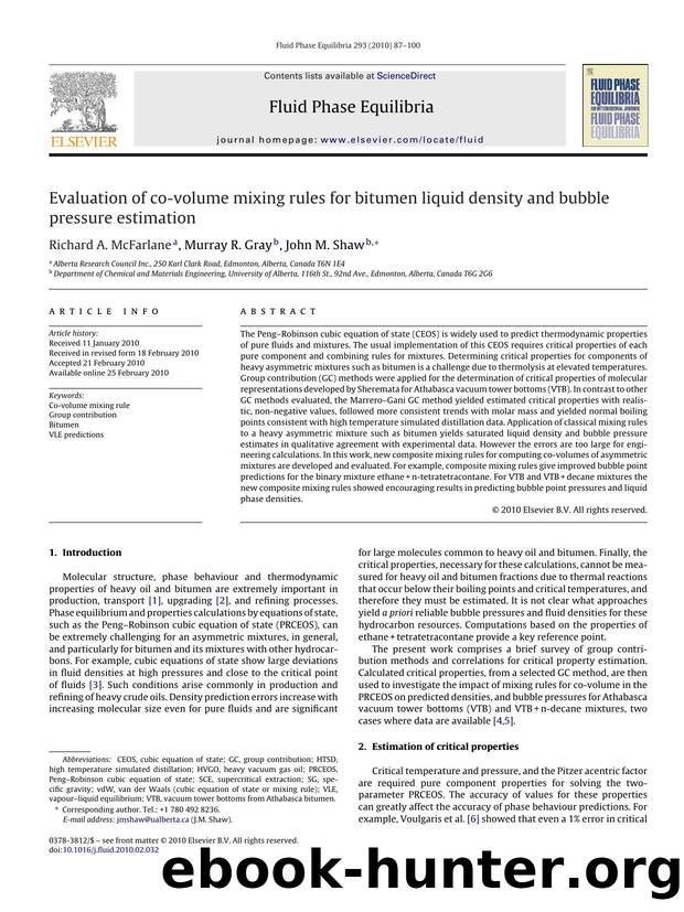 Evaluation of co-volume mixing rules for bitumen liquid density and bubble pressure estimation by Richard A. McFarlane; Murray R. Gray; John M. Shaw