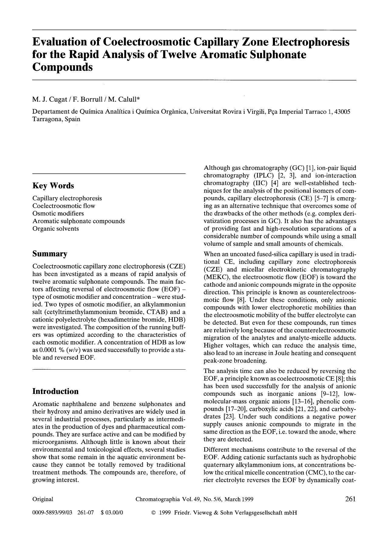 Evaluation of coelectroosmotic capillary zone electrophoresis for the rapid analysis of twelve aromatic sulphonate compounds by Unknown