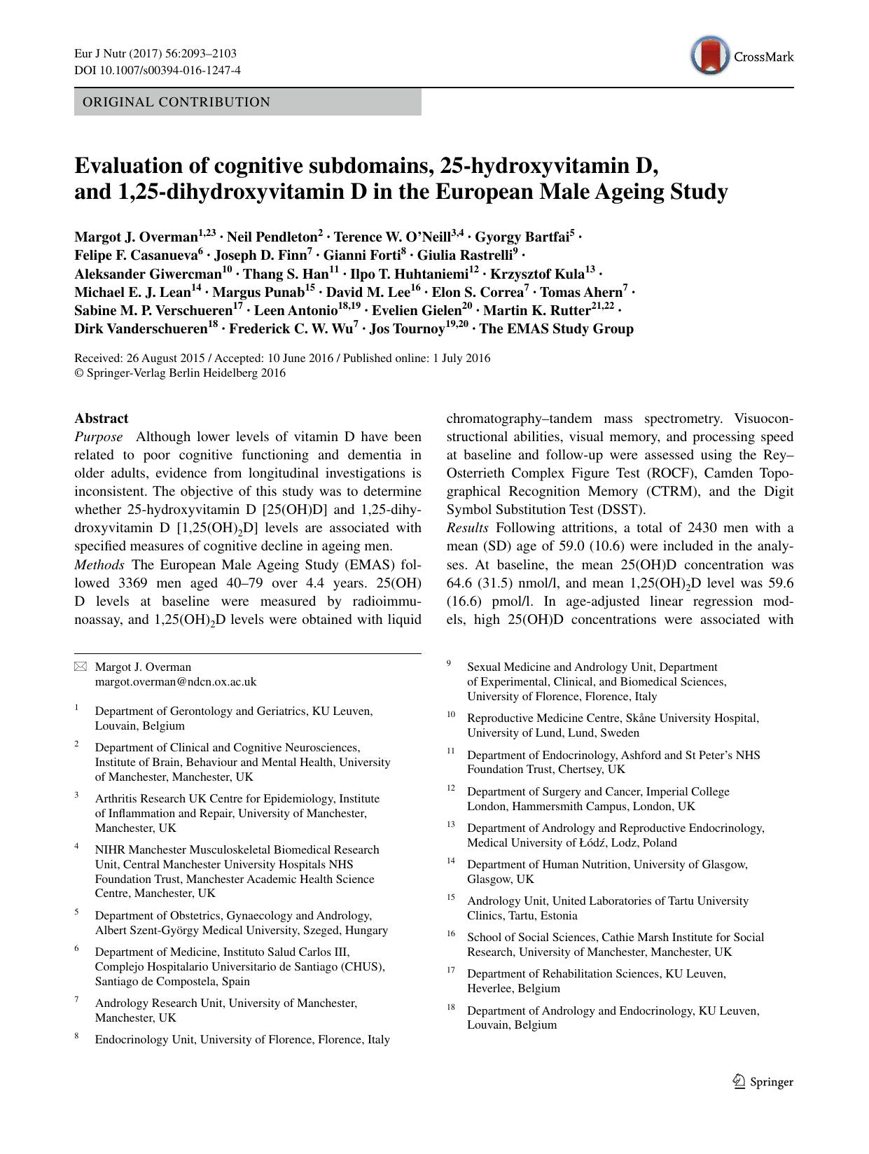 Evaluation of cognitive subdomains, 25-hydroxyvitamin D, and 1,25-dihydroxyvitamin D in the European Male Ageing Study by unknow