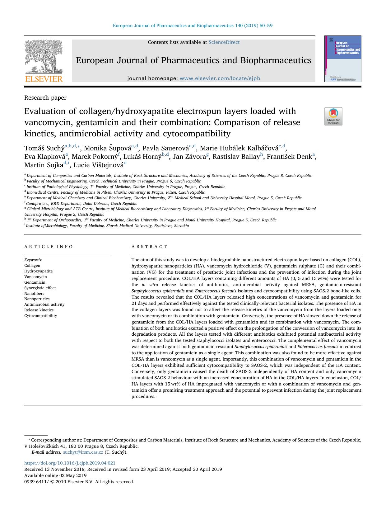 Evaluation of collagenhydroxyapatite electrospun layers loaded with vancomycin, gentamicin and their combination_ Comparison of release kinetics, antimicrobial activity and cytocompatibility by unknow