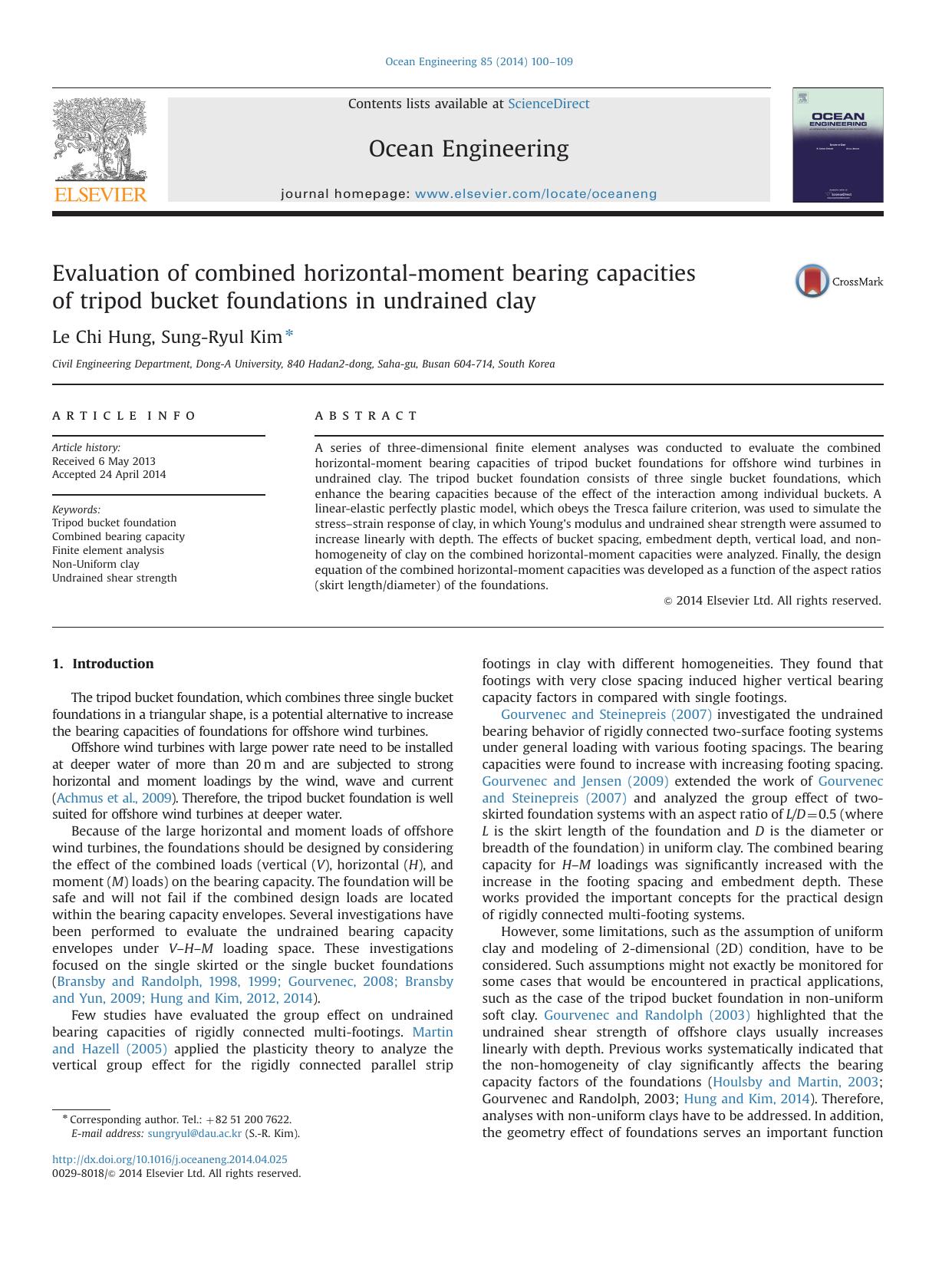 Evaluation of combined horizontal-moment bearing capacities of tripod bucket foundations in undrained clay by Le Chi Hung and Sung-Ryul Kim