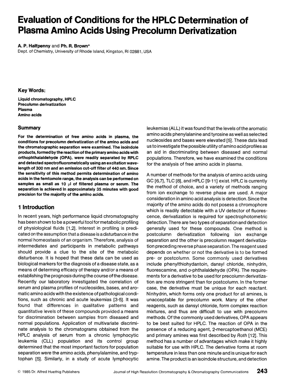 Evaluation of conditions for the HPLC determination of plasma amino acids using precolumn derivatization by Unknown