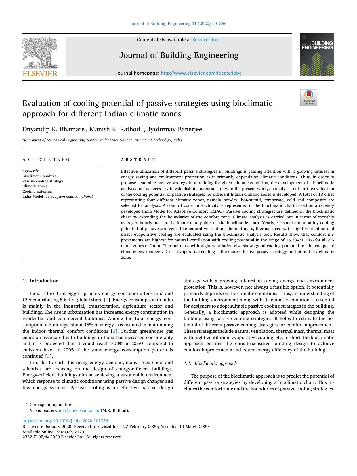Evaluation of cooling potential of passive strategies using bioclimatic approach for different Indian climatic zones by Dnyandip K. Bhamare & Manish K. Rathod & Jyotirmay Banerjee