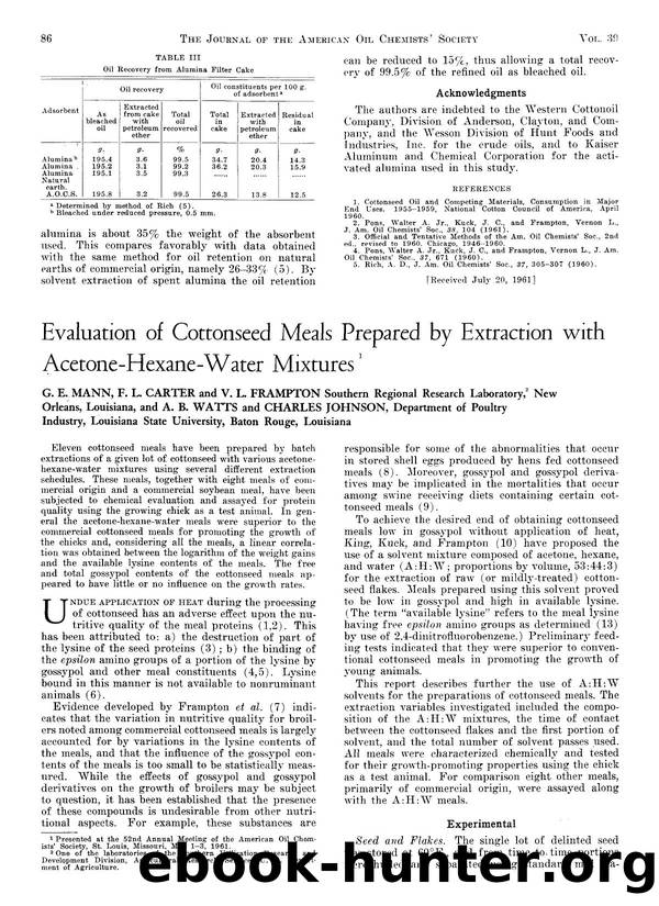 Evaluation of cottonseed meals prepared by extraction with acetone-hexane-water mixtures by Unknown