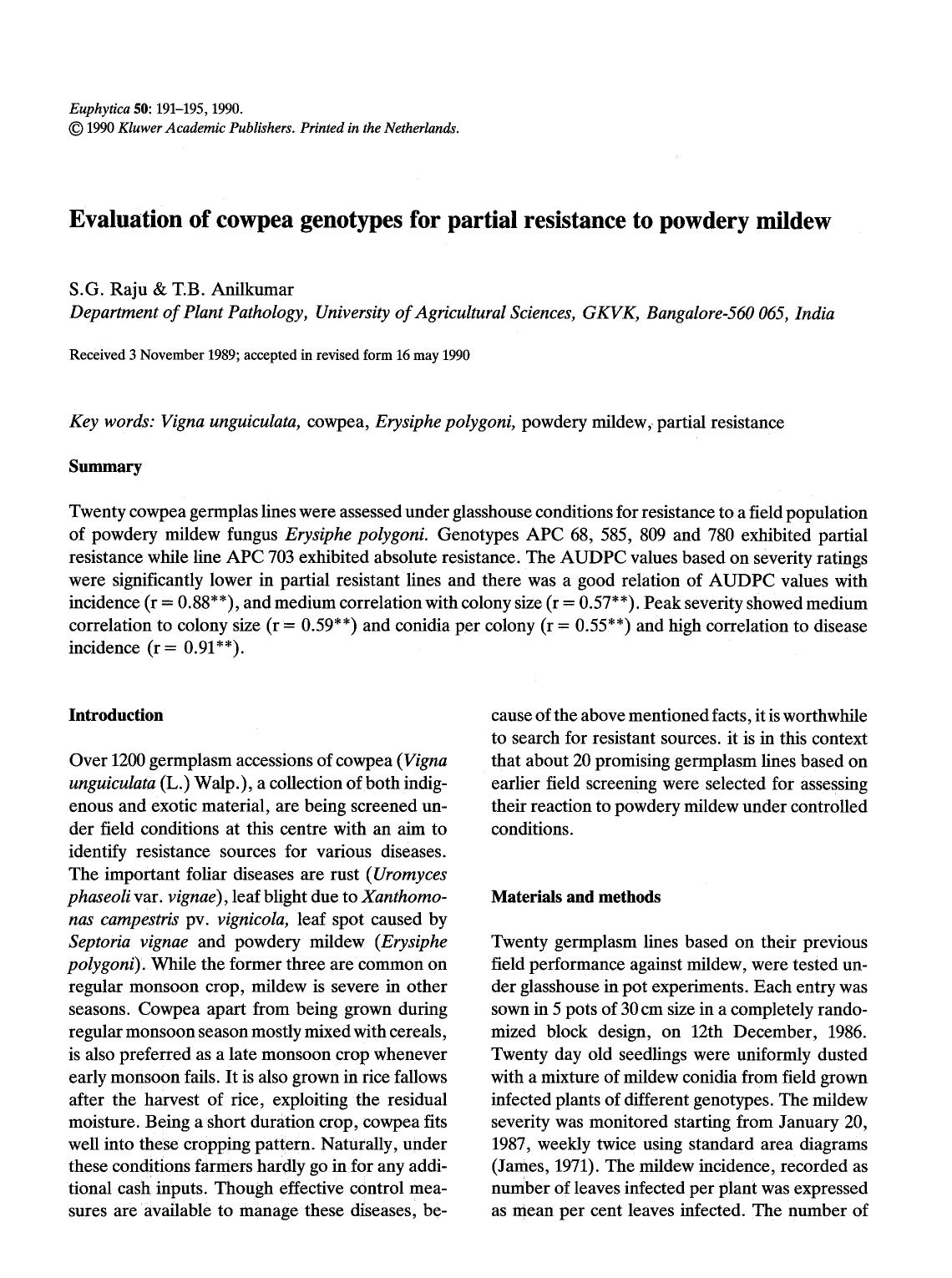Evaluation of cowpea genotypes for partial resistance to powdery mildew by Unknown