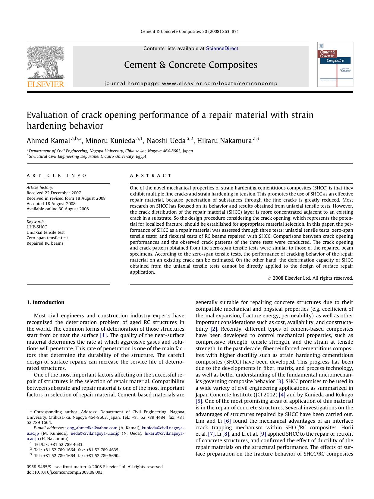 Evaluation of crack opening performance of a repair material with strain hardening behavior by Ahmed Kamal; Minoru Kunieda; Naoshi Ueda; Hikaru Nakamura