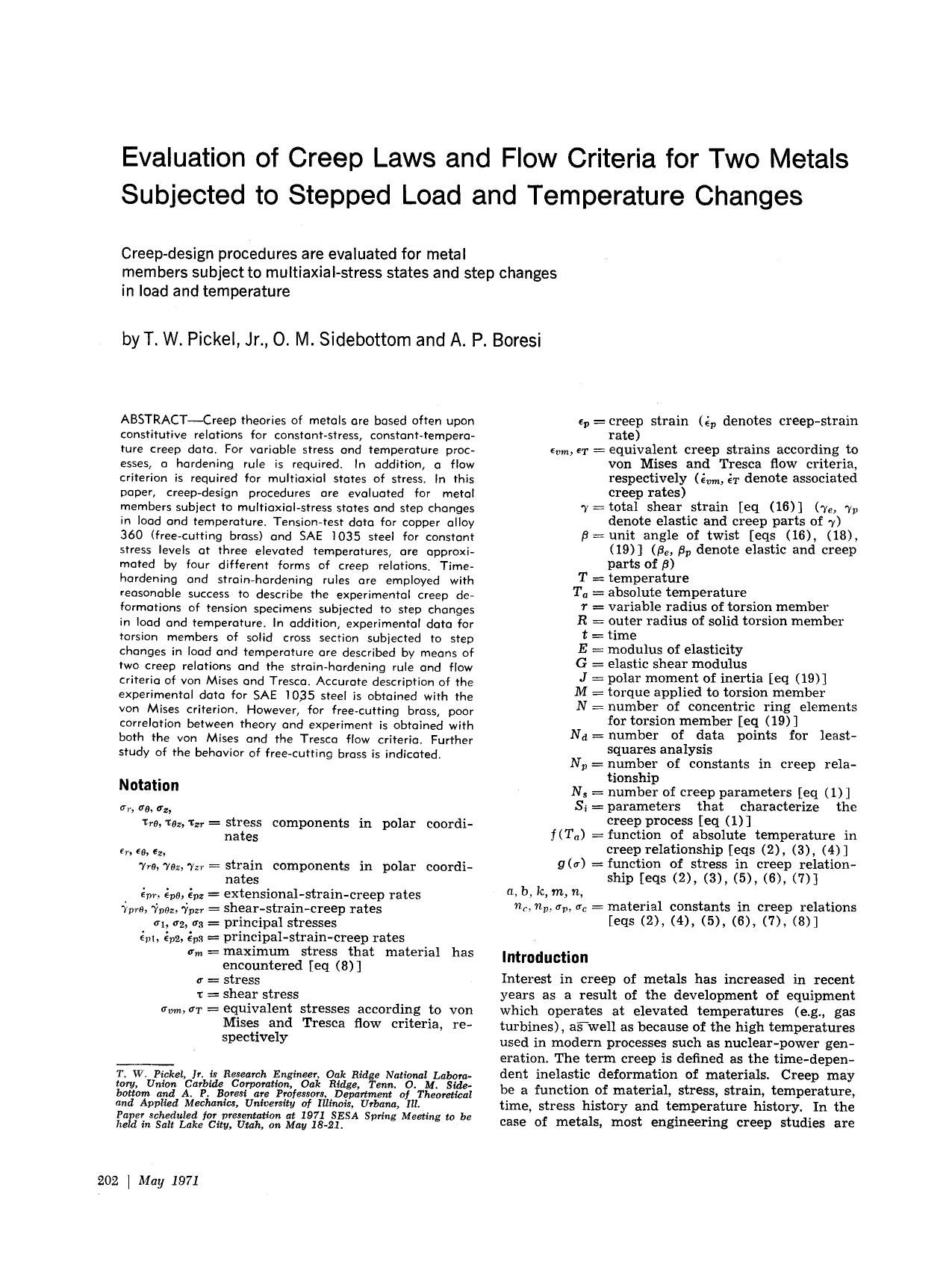 Evaluation of creep laws and flow criteria for two metals subjected to stepped load and temperature changes by Unknown