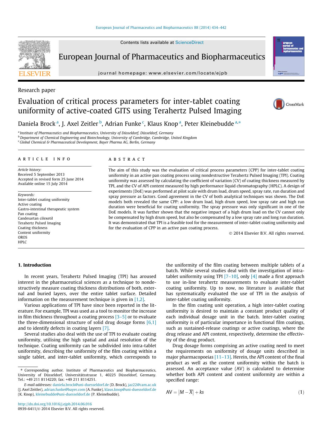 Evaluation of critical process parameters for inter-tablet coating uniformity of active-coated GITS using Terahertz Pulsed Imaging by Daniela Brock & J. Axel Zeitler & Adrian Funke & Klaus Knop & Peter Kleinebudde