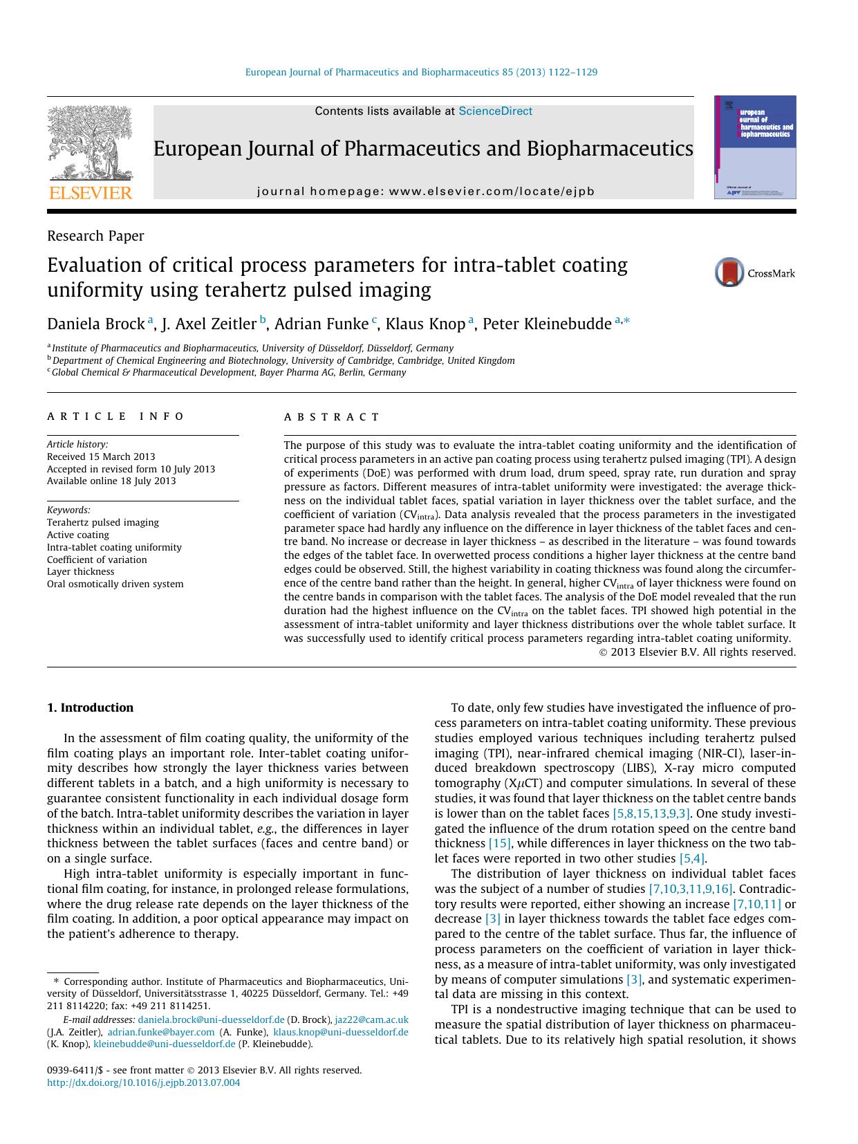 Evaluation of critical process parameters for intra-tablet coating uniformity using terahertz pulsed imaging by Daniela Brock & J. Axel Zeitler & Adrian Funke & Klaus Knop & Peter Kleinebudde