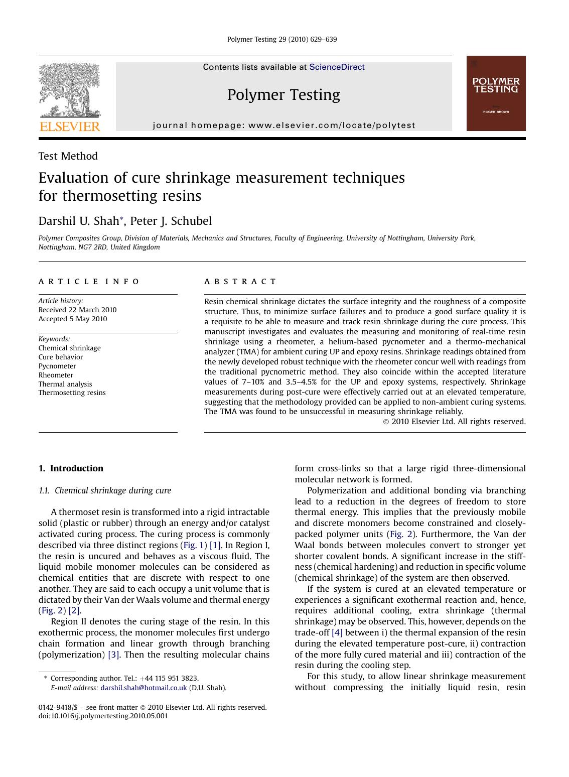 Evaluation of cure shrinkage measurement techniques for thermosetting resins by Darshil U. Shah & Peter J. Schubel