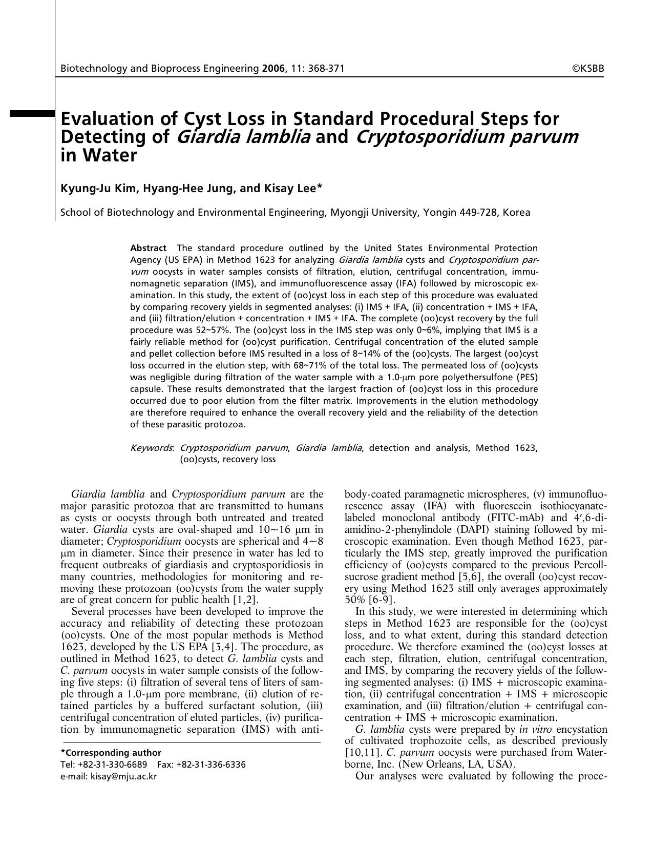 Evaluation of cyst loss in standard procedural steps for detecting of <Emphasis Type="Italic">Giardia lamblia <Emphasis> and <Emphasis Type="Italic">Cryptosporidium parvum <Emphasis> in water by Unknown