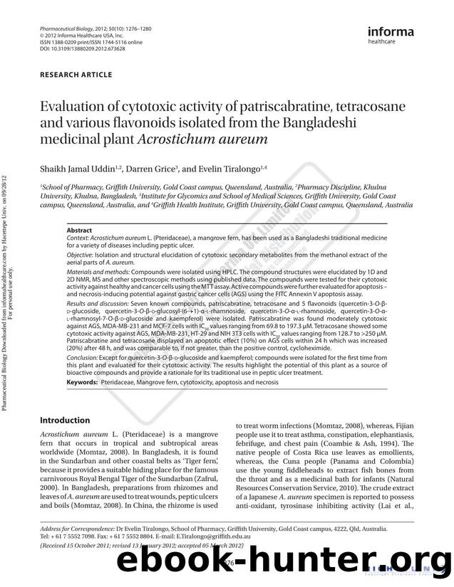 Evaluation of cytotoxic activity of patriscabratine, tetracosane and various flavonoids isolated from the Bangladeshi medicinal plant Acrostichum aureum by Shaikh Jamal Uddin Darren Grice & Evelin Tiralongo