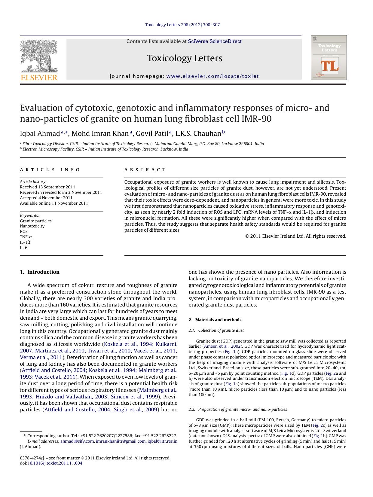 Evaluation of cytotoxic, genotoxic and inflammatory responses of micro- and nano-particles of granite on human lung fibroblast cell IMR-90 by Iqbal Ahmad