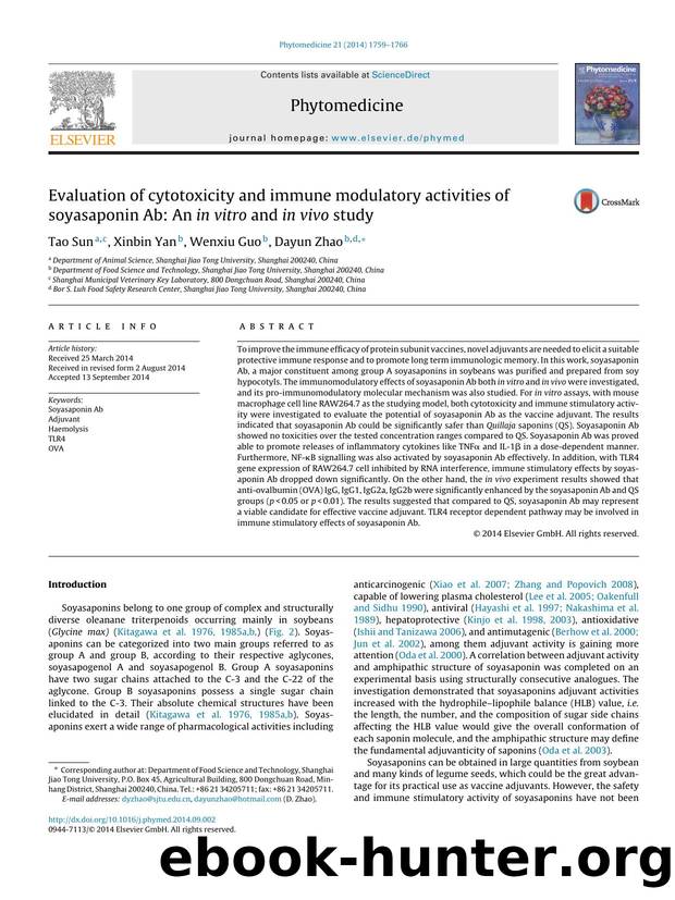 Evaluation of cytotoxicity and immune modulatory activities of soyasaponin Ab: An in vitro and in vivo study by Tao Sun & Xinbin Yan & Wenxiu Guo & Dayun Zhao
