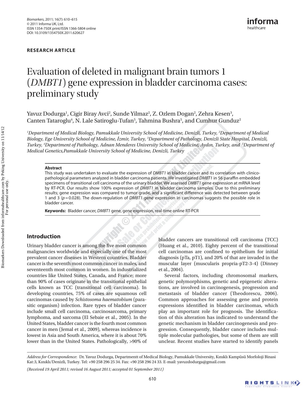 Evaluation of deleted in malignant brain tumors 1 (DMBT1) gene expression in bladder carcinoma cases: preliminary study by unknow