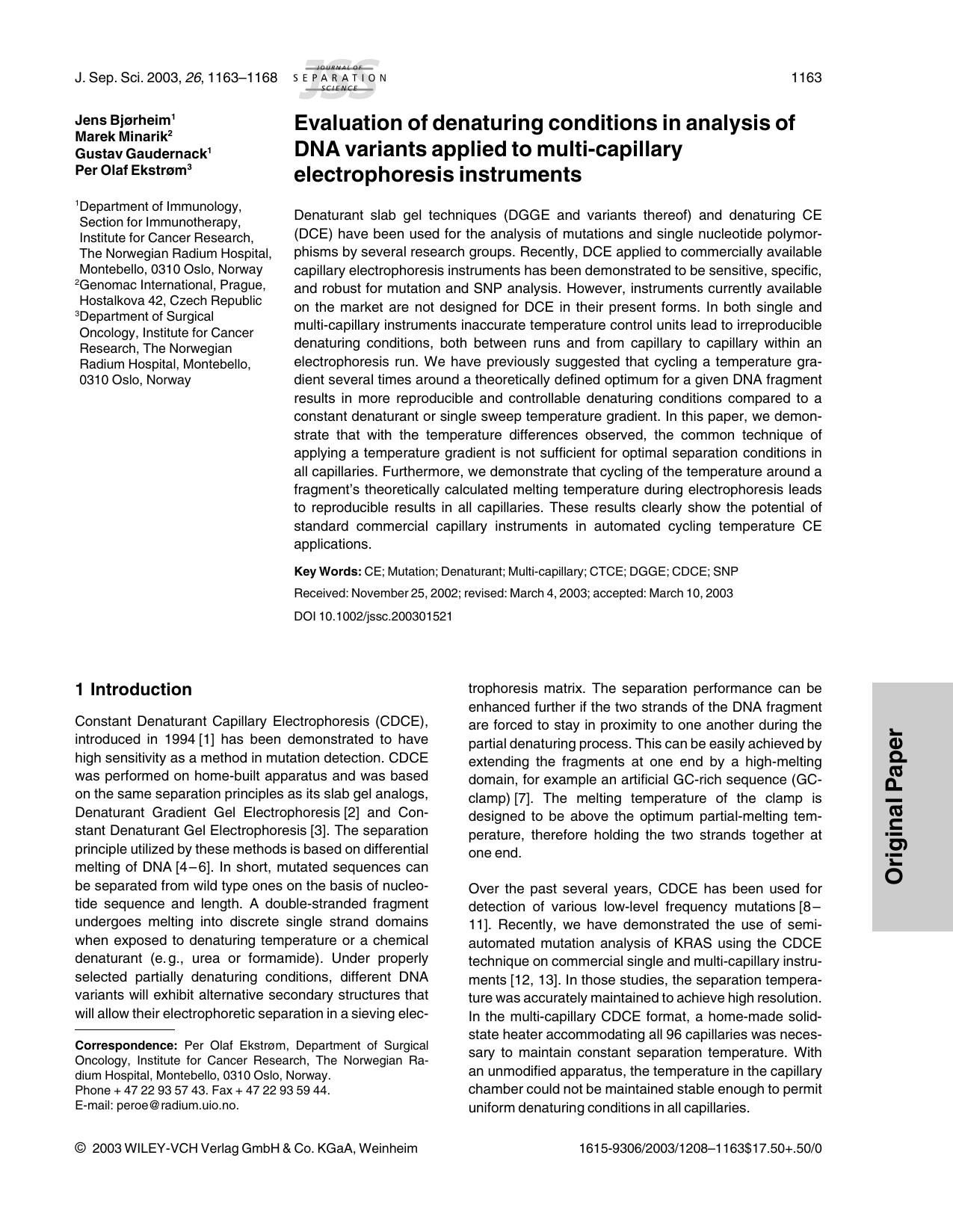 Evaluation of denaturing conditions in analysis of DNA variants applied to multi-capillary electrophoresis instruments by Unknown