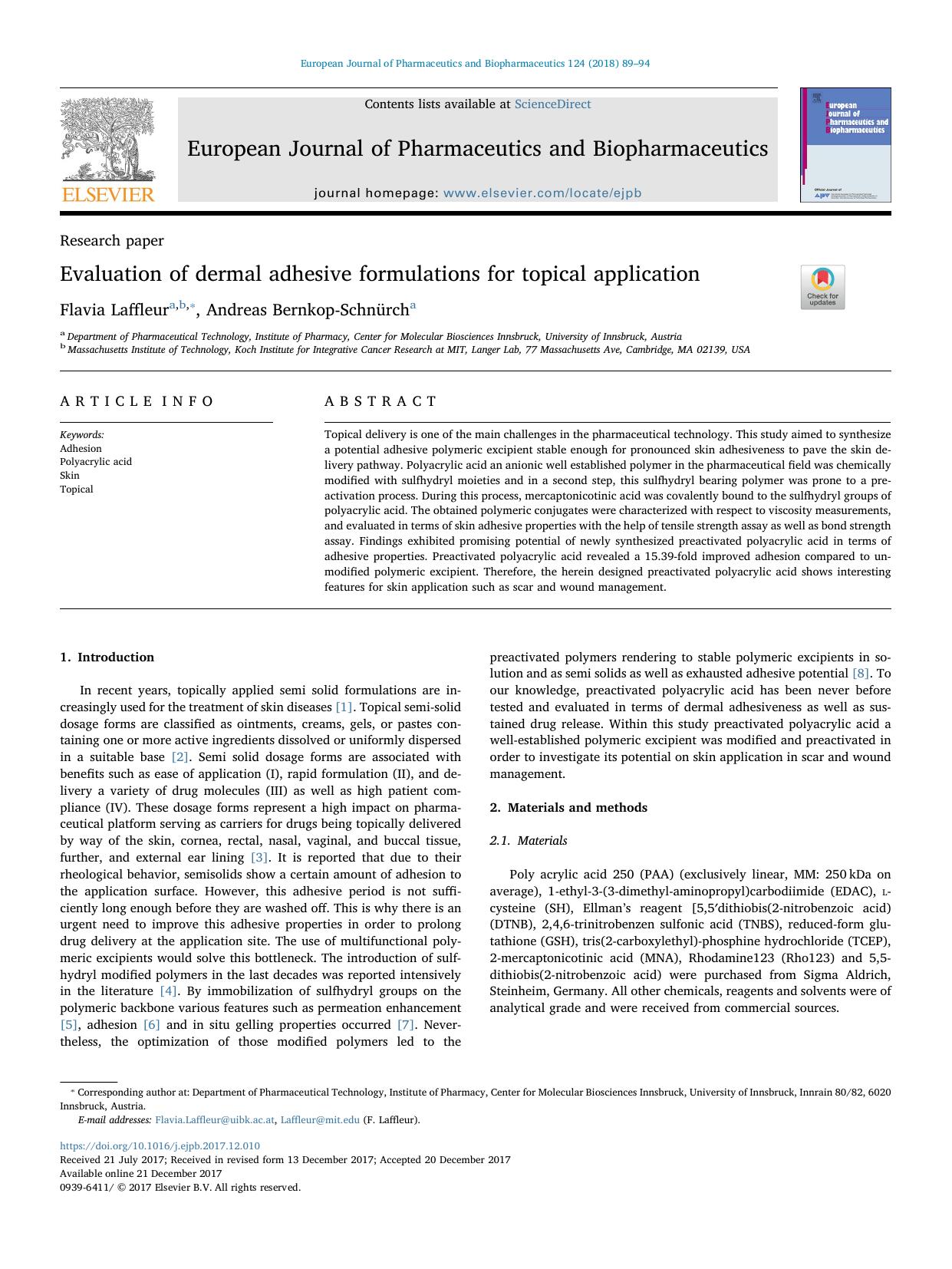 Evaluation of dermal adhesive formulations for topical application by Flavia Laffleur & Andreas Bernkop-Schnürch