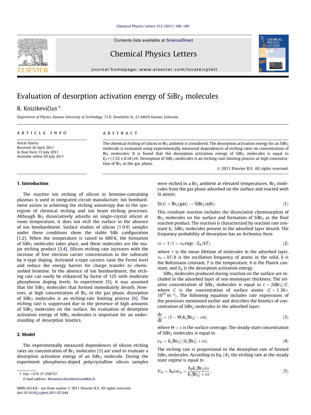 Evaluation of desorption activation energy of SiBr2 molecules by R. KnizikeviÄ•ius