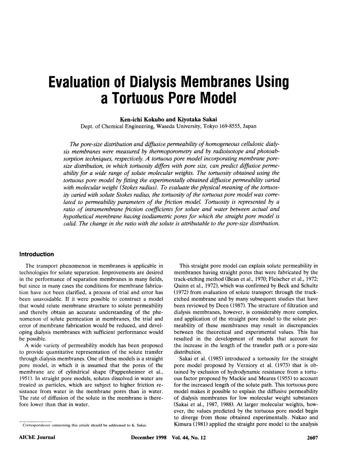 Evaluation of dialysis membranes using a tortuous pore model by Unknown
