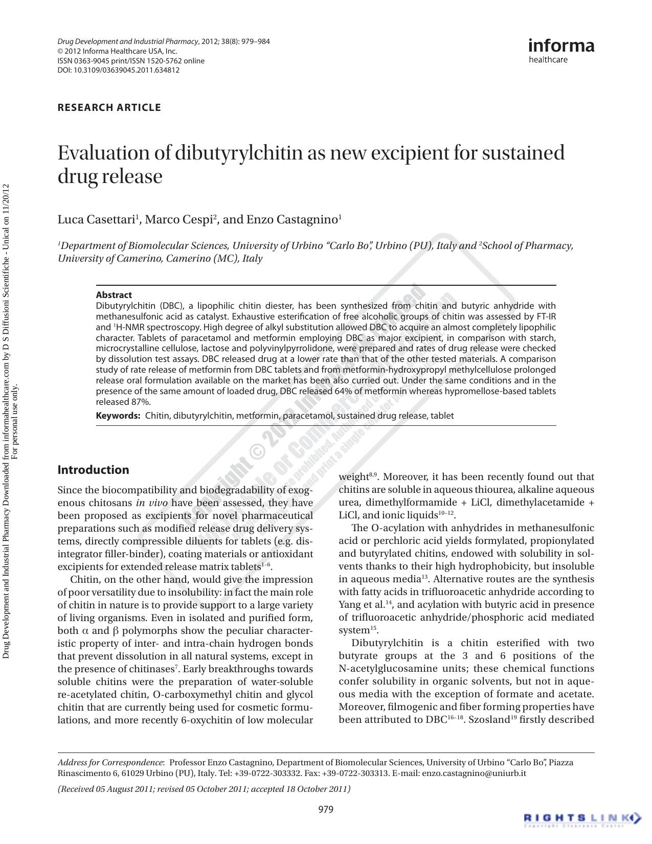 Evaluation of dibutyrylchitin as new excipient for sustained drug release by Luca Casettari Marco Cespi & Enzo Castagnino
